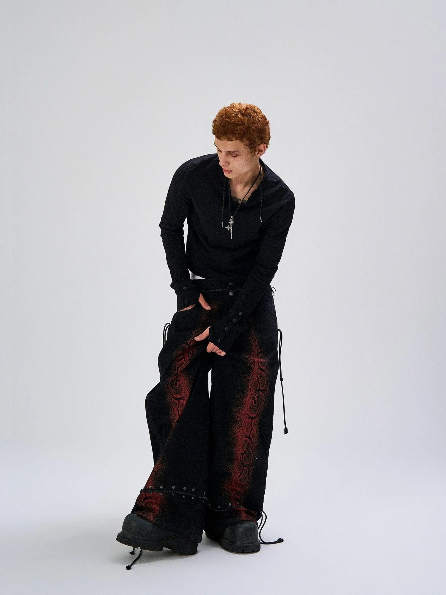 FLYERRER Washed Contrast Snakeskin Drawcord Wide-Leg Jeans