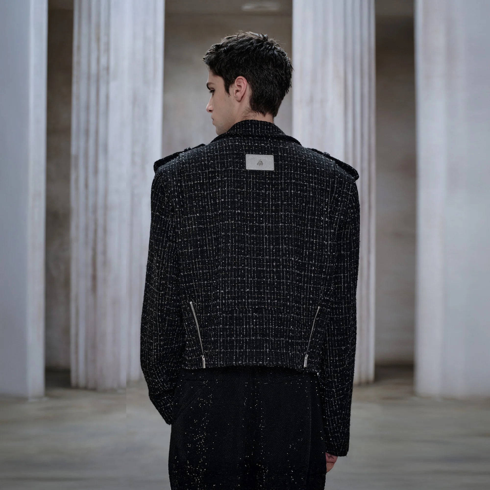 FACEONLAB Metal Badge Multi-Zip Tweed Biker Jacket