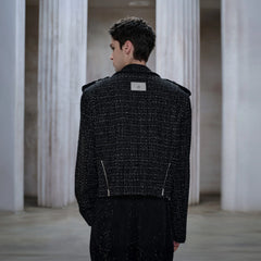 FACEONLAB Metal Badge Multi-Zip Tweed Biker Jacket