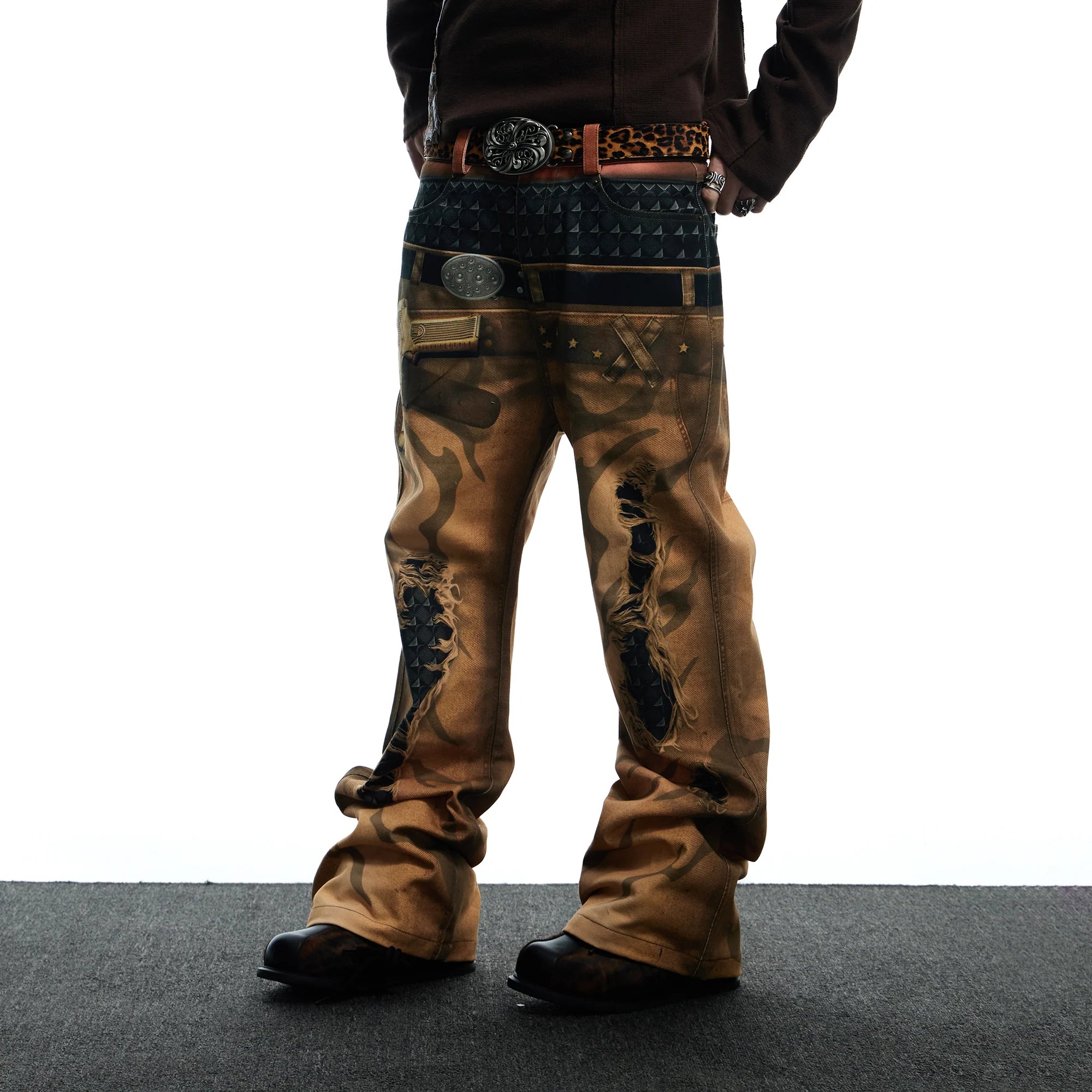 DND4DES Distressed Print Double-Waist Flare Jeans Khaki