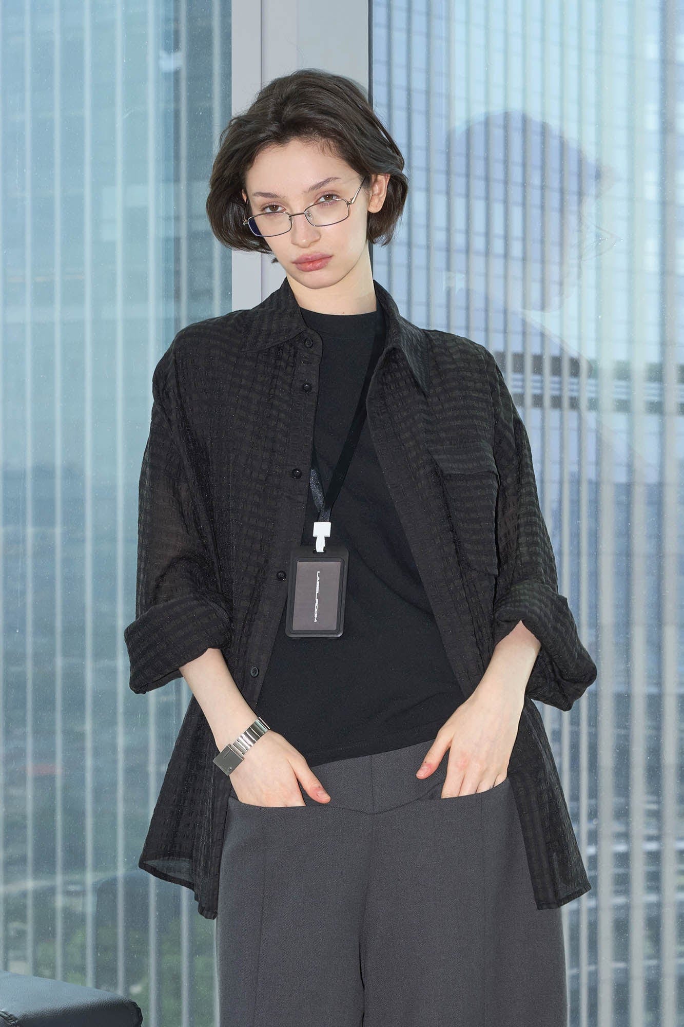 LABELROOM Sheer Textured Grid Oversized Shirt