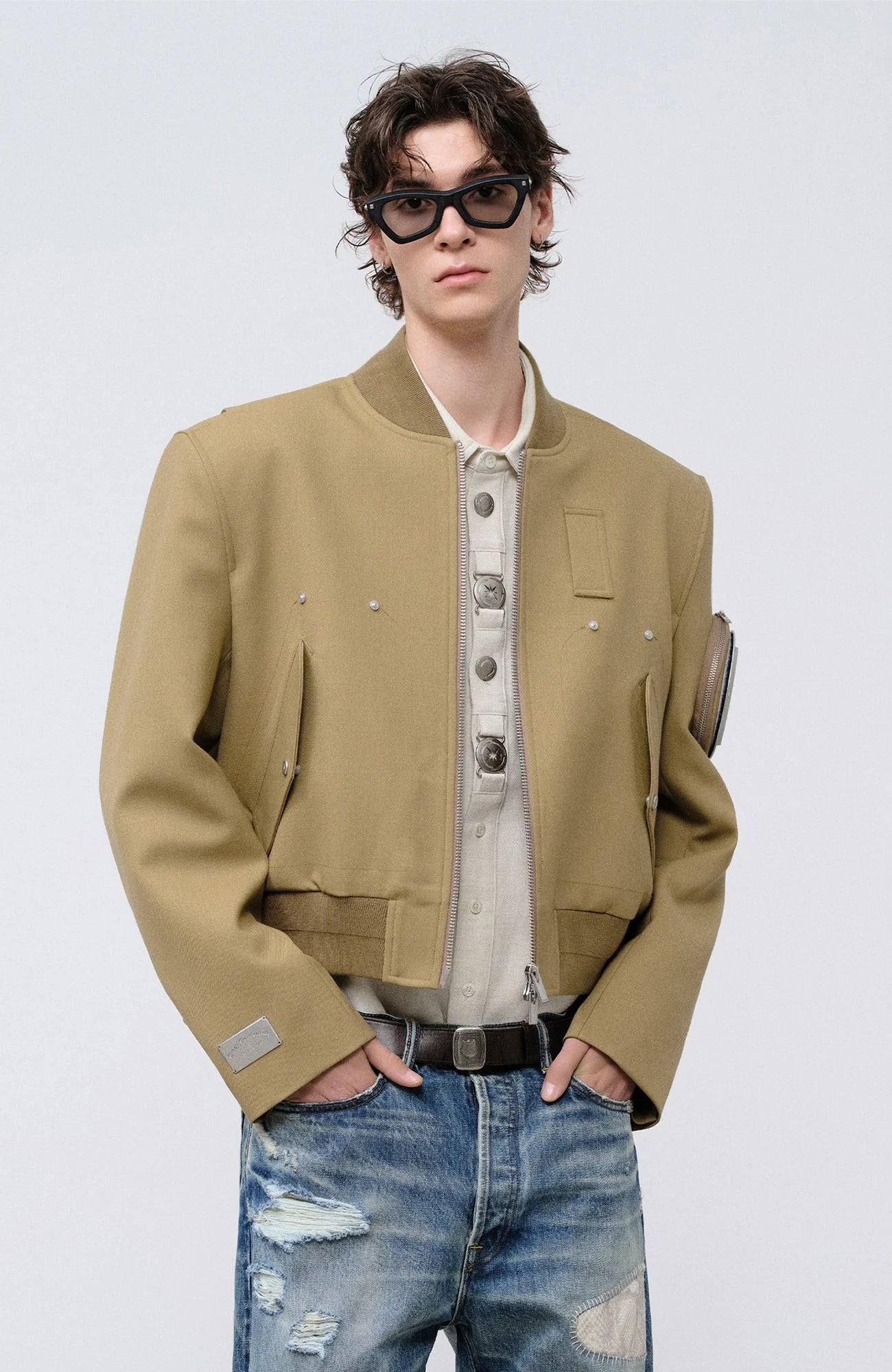 FACEONLAB Arm-Patched Bomber Jacket Khaki
