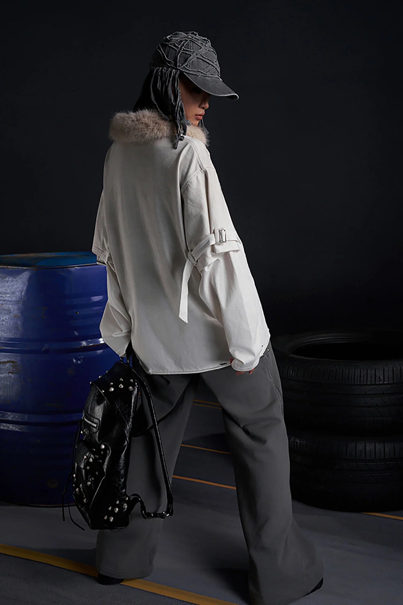 RECOVER ZONE Detachable Faux Fur Collar Long Sleeve Shirt
