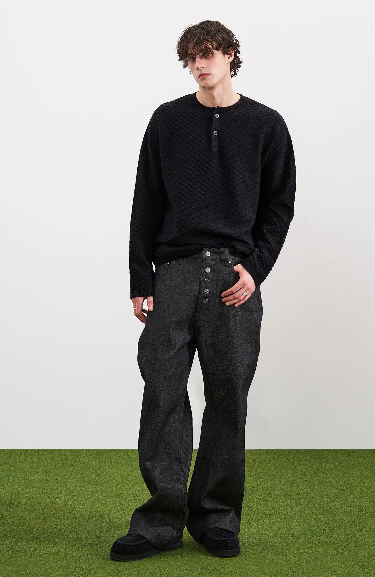 PMW Drop-Shoulder Waffle Henley Sweater