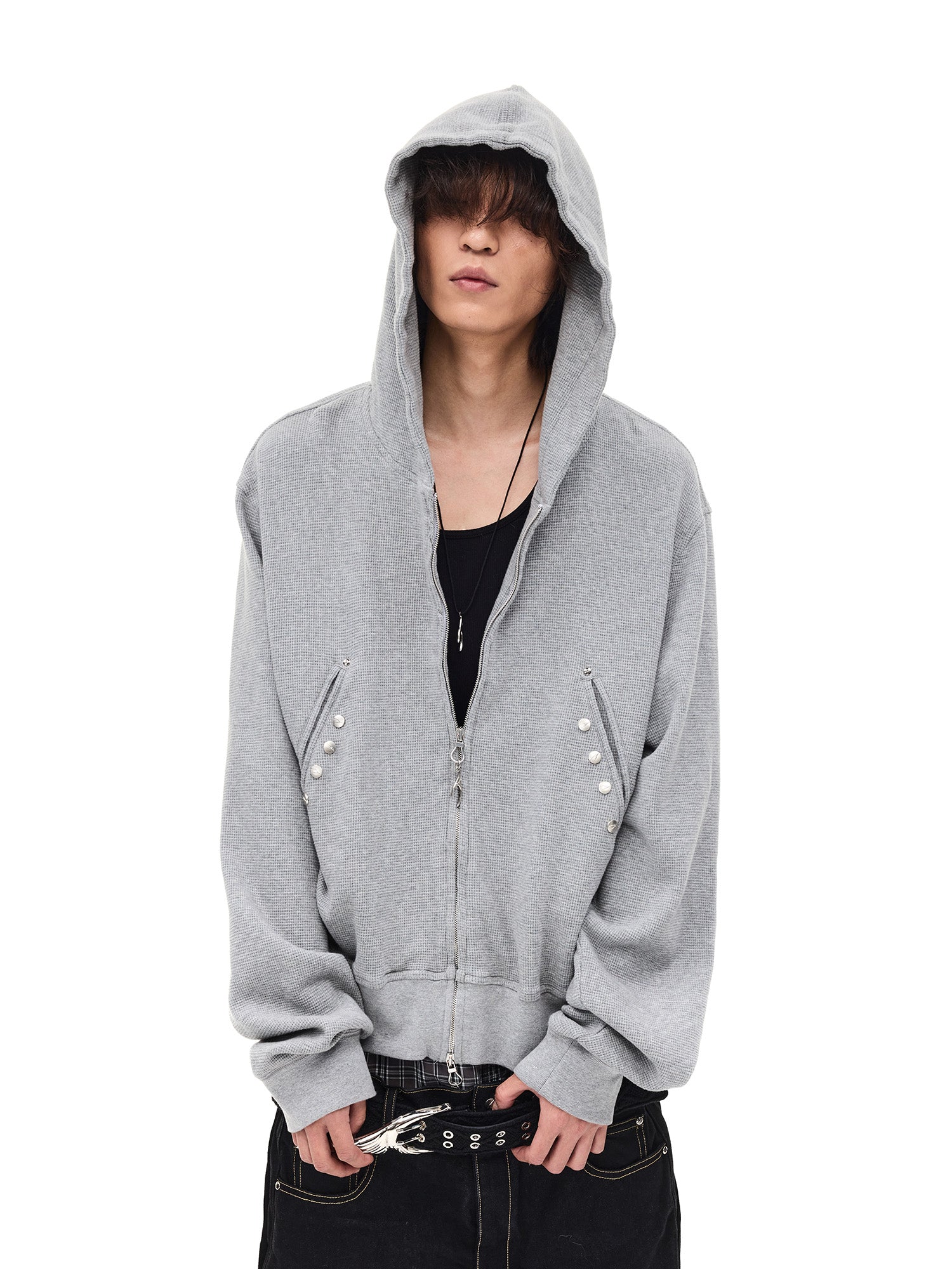WHISTLEHUNTER Washed Waffle Studded Zip-Up Hoodie