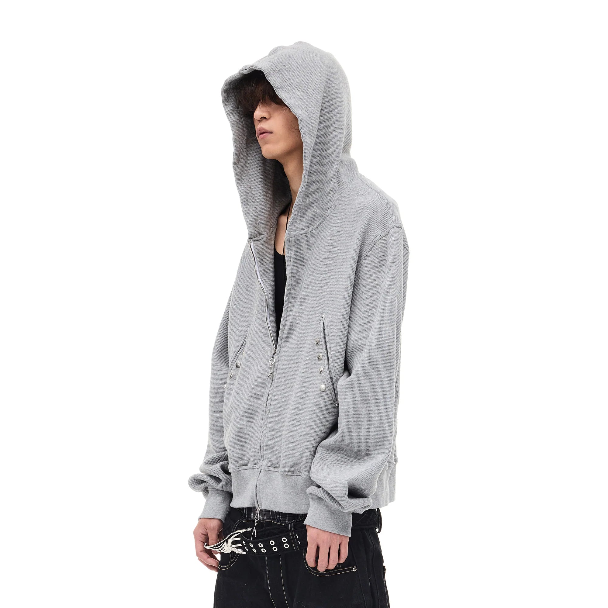 WHISTLEHUNTER Washed Waffle Studded Zip-Up Hoodie