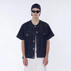 ASSEEN Flower Patchwork Stitched Raw Denim Half Shirt
