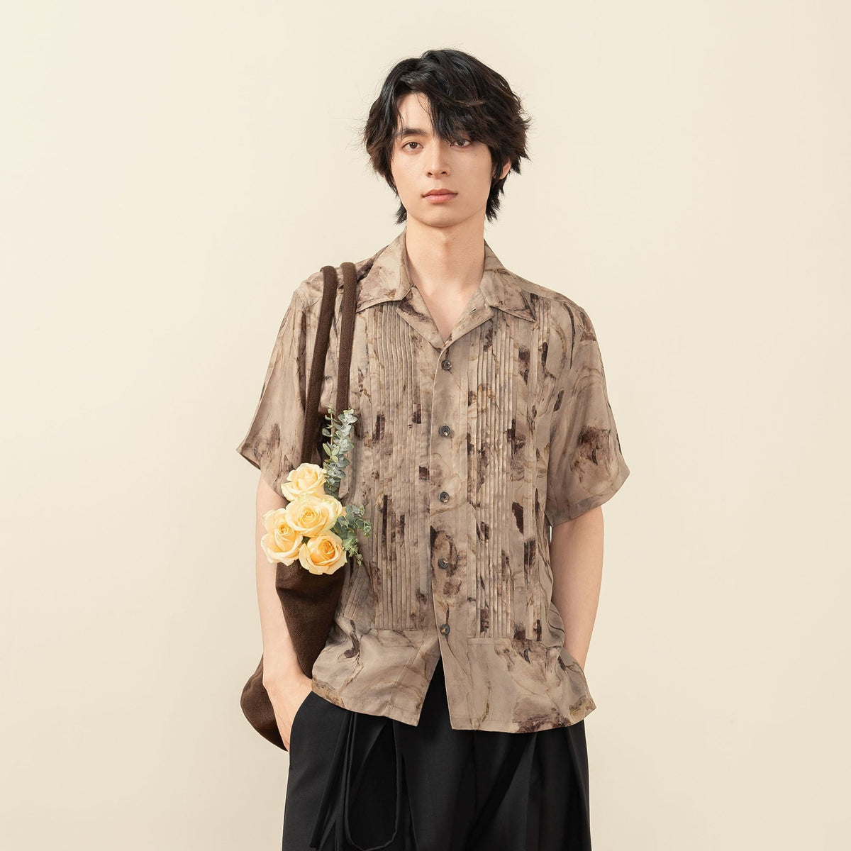 MOITIEDEPETALE Floral Accordion Pleats Cupro Blended Half Shirt