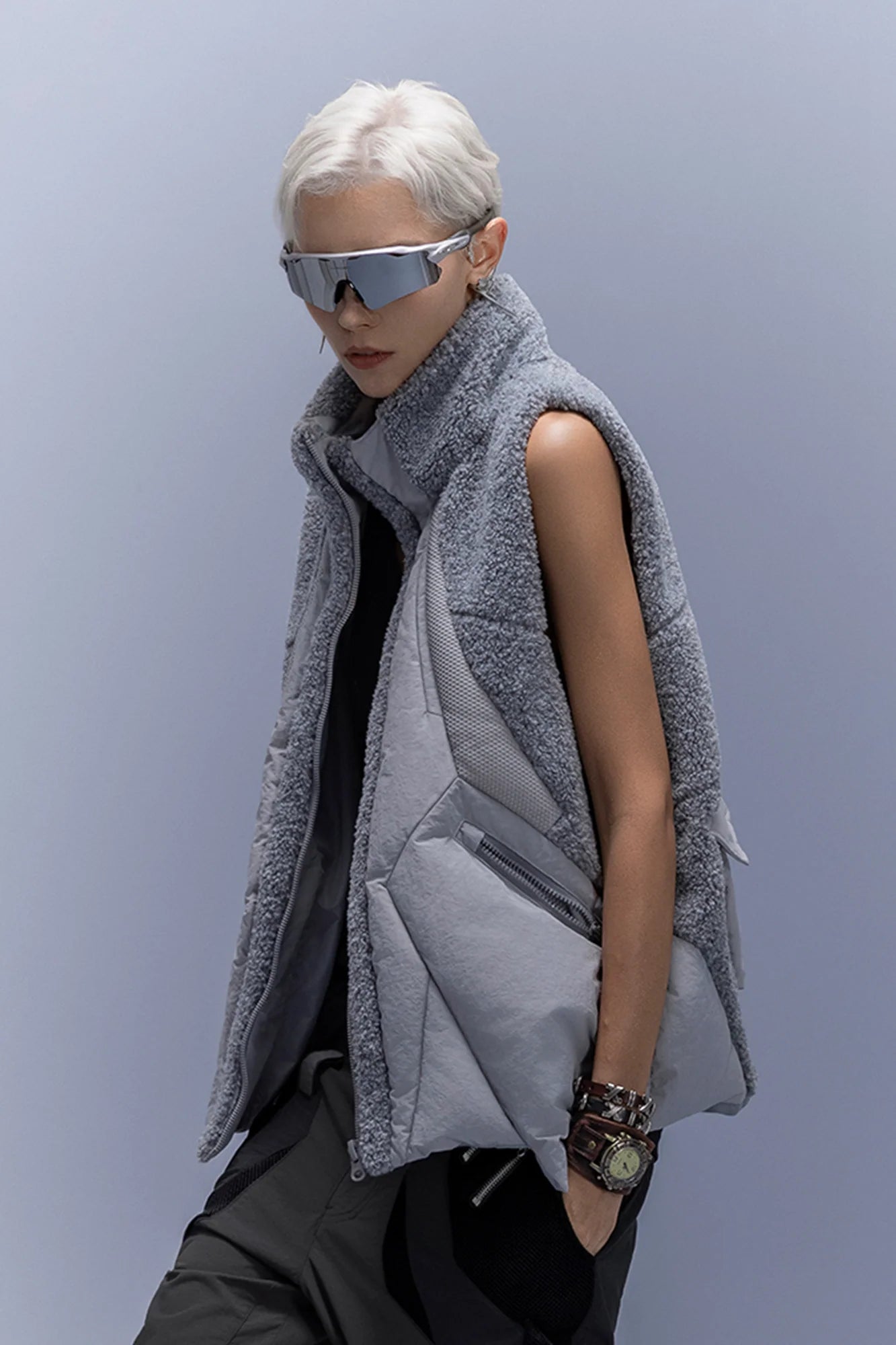 XIPHEVIL High-Neck Fleece-Panel Vest Dark Gray