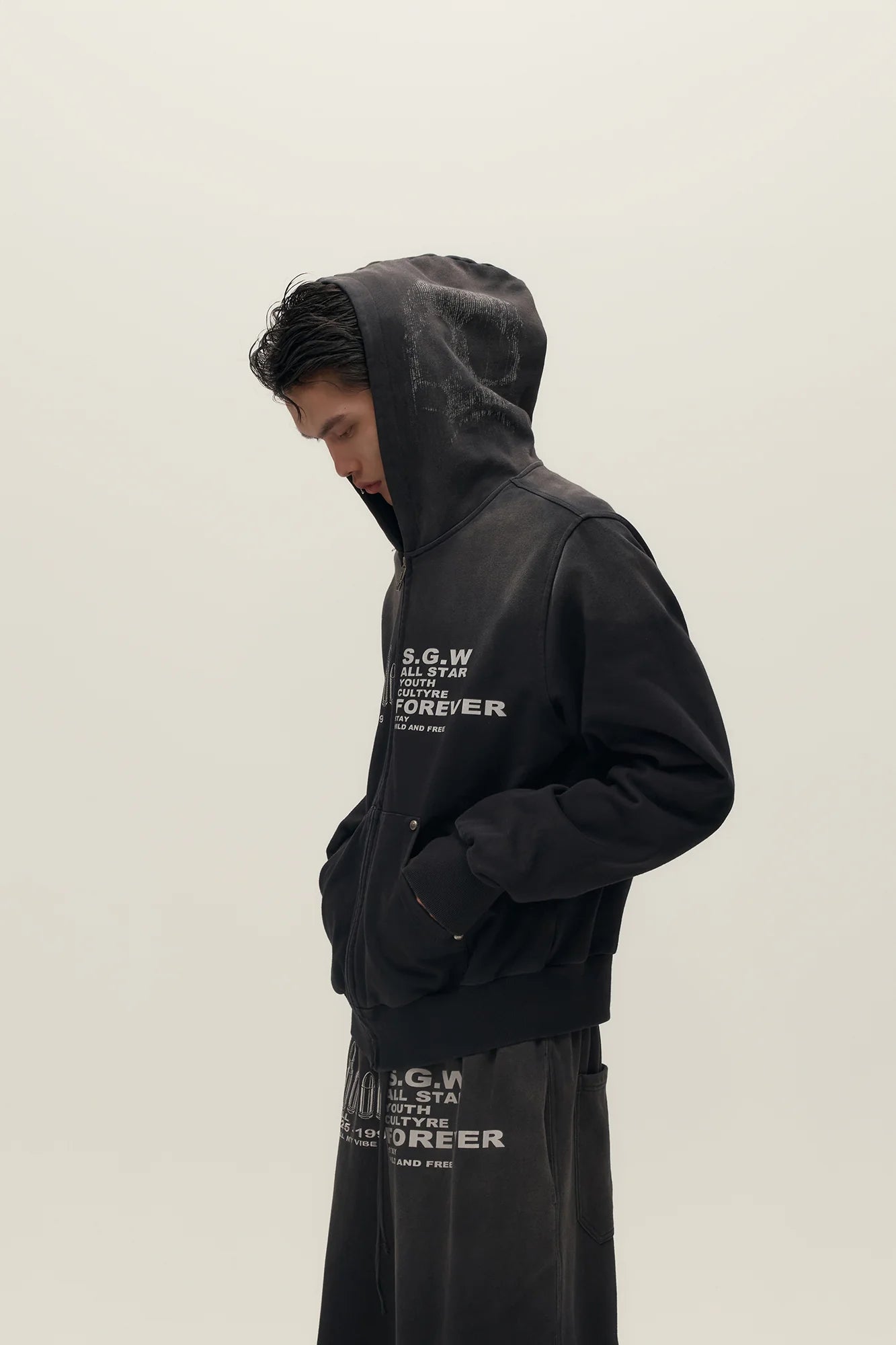 SAVAGEGROWTHWORLD Bullet Hole Graphic Washed Zip-Up Hoodie