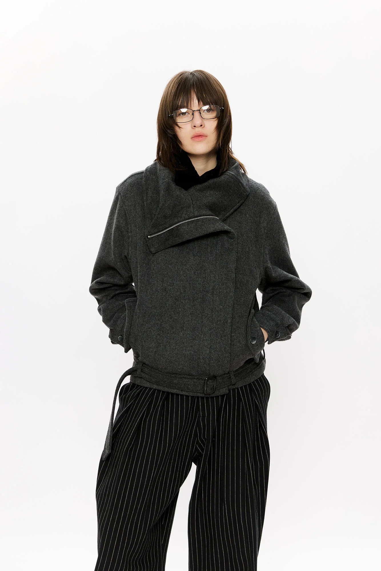 KREATE Asymmetrical Funnel-Neck Wool-Blend Jacket
