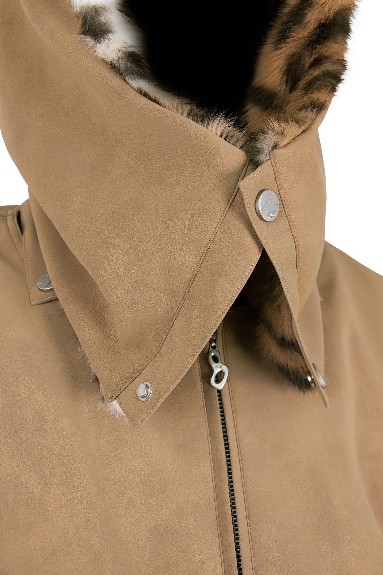 RELABEL Detachable Plush Scarf Hooded Suede Jacket Brown