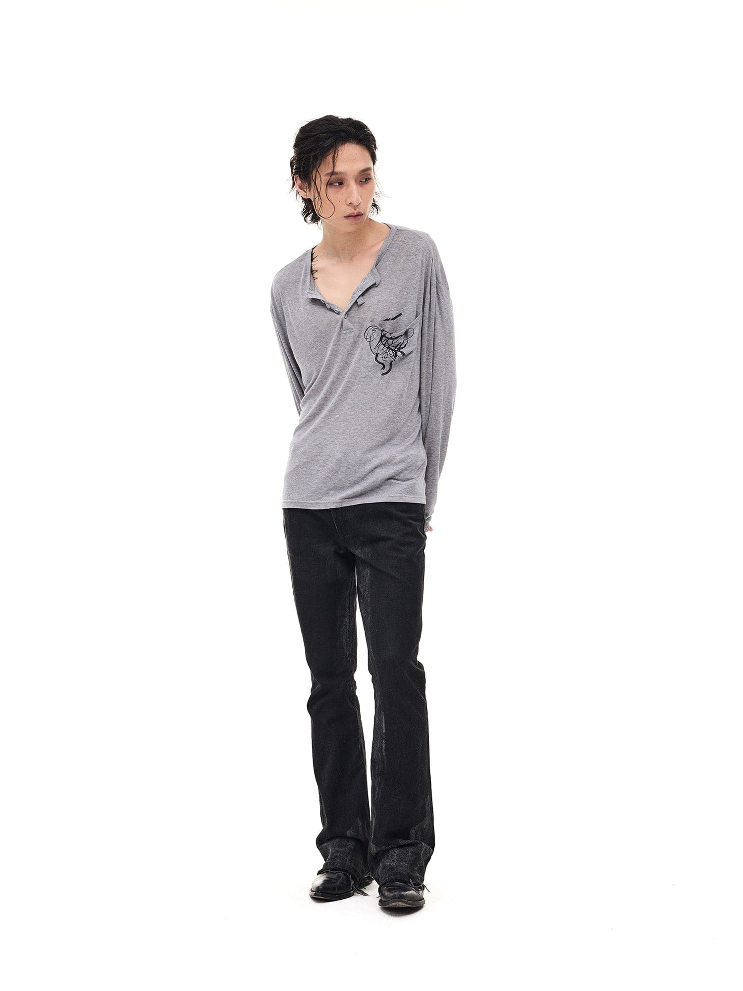 WHISTLEHUNTER Merino-Tencel Henley Graphic Long-Sleeve Tee