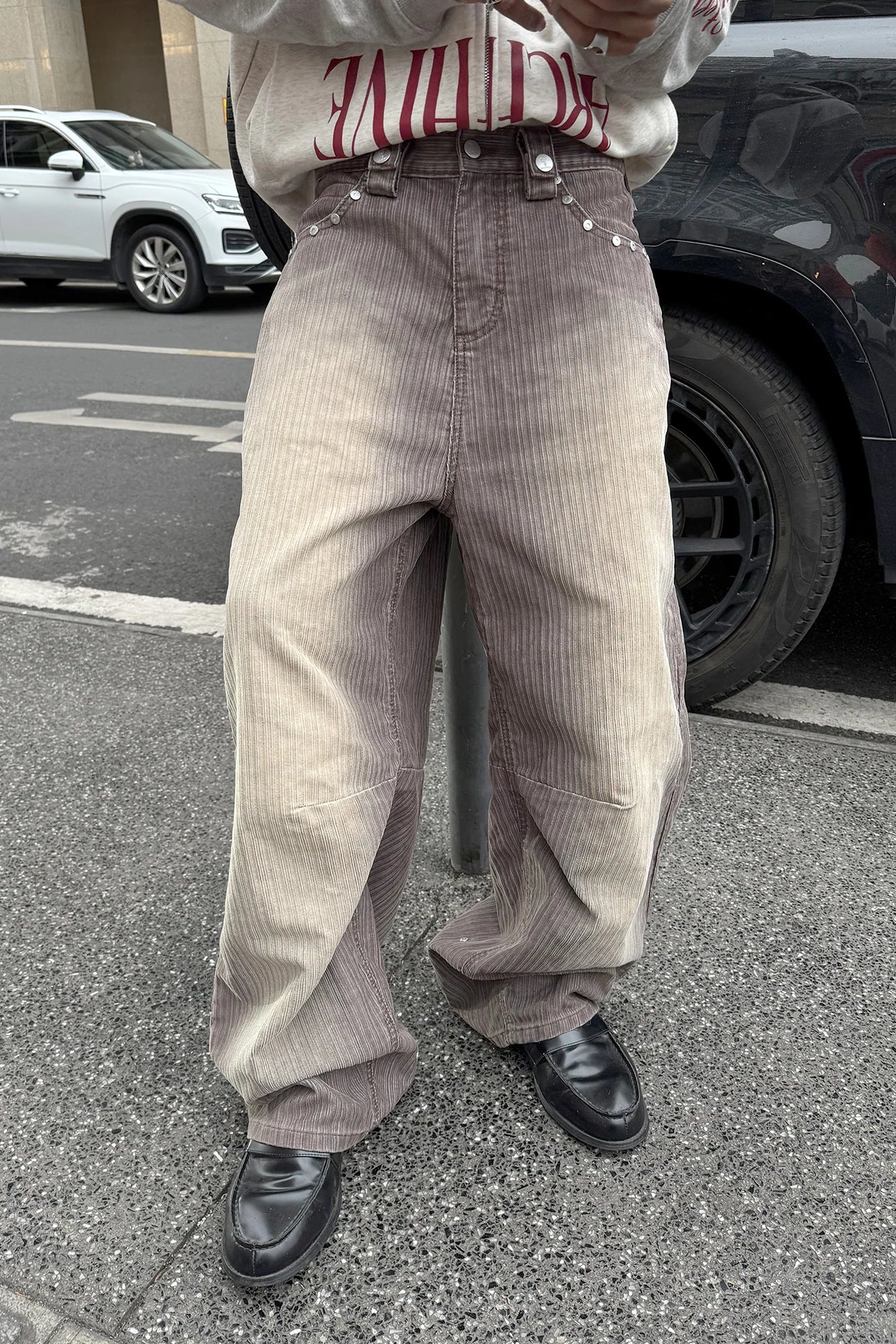 STEEPC Washed Striped Corduroy Studded Wide-Leg Pants