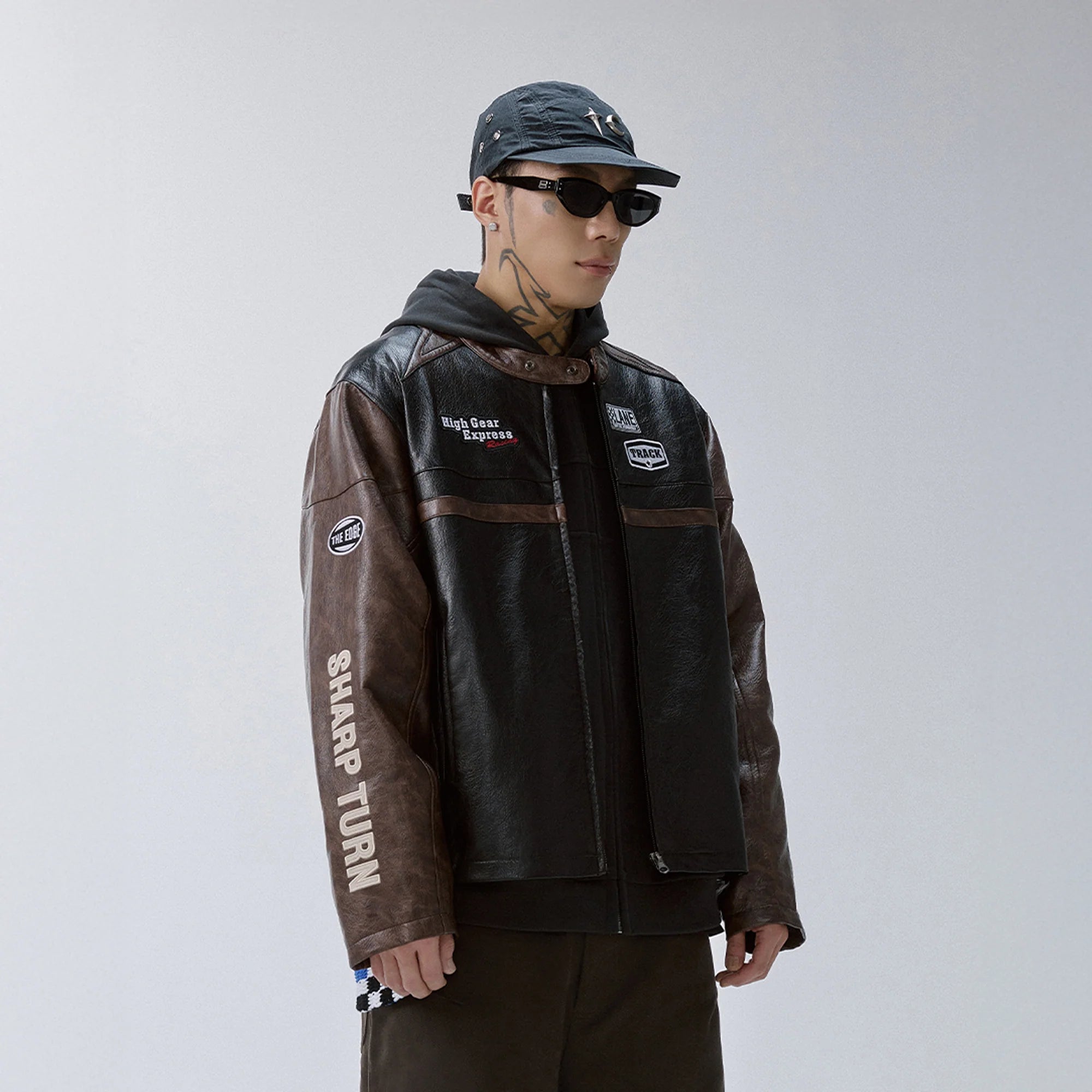 F2CE Retro Embroidered Patch PU Moto Jacket
