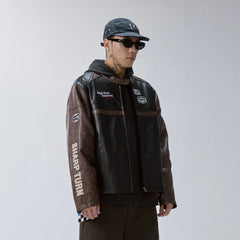F2CE Retro Embroidered Patch PU Moto Jacket