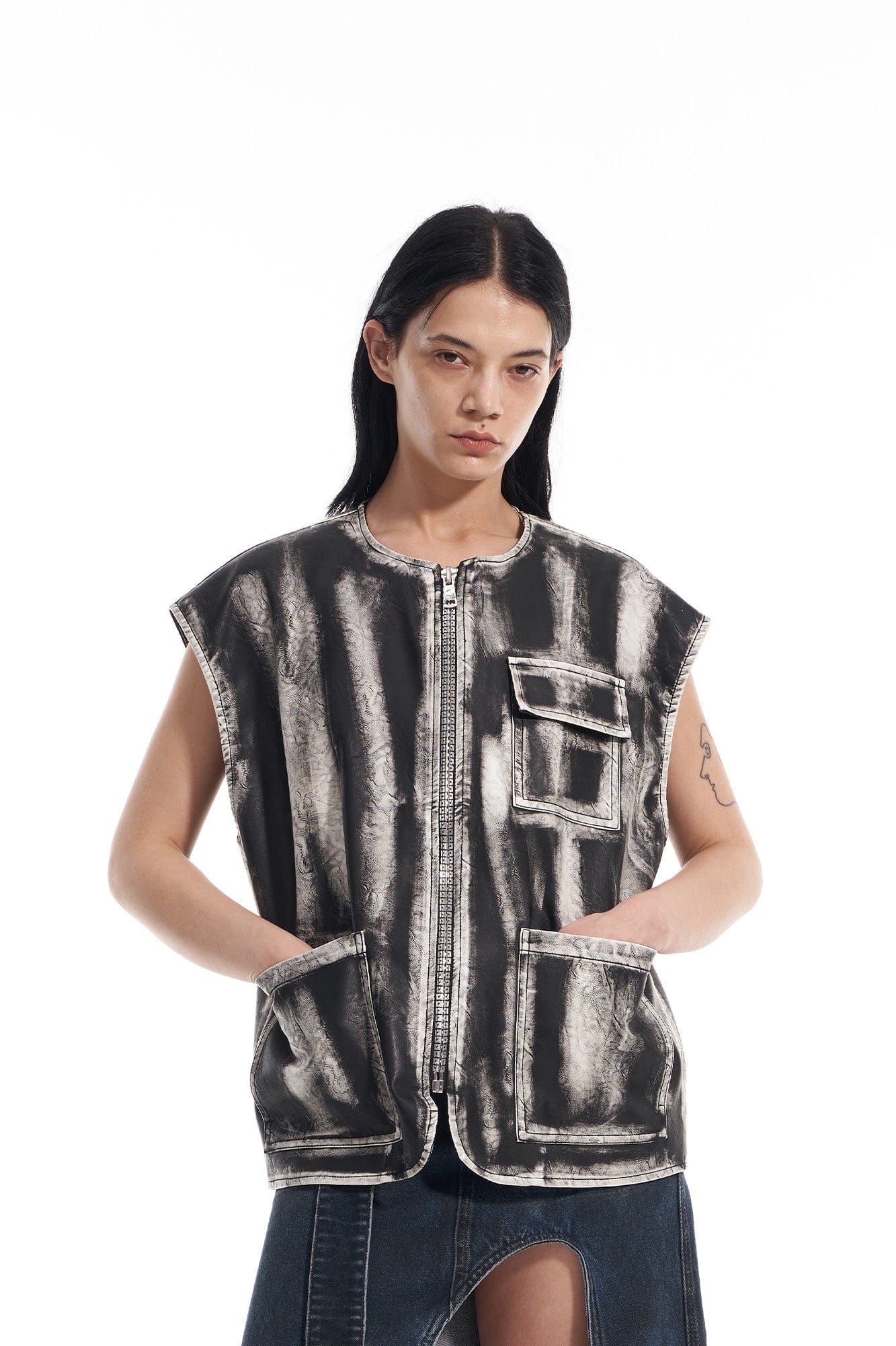 VANN VALRENCE Washed Grunge Paint Multi-Pocket Vest