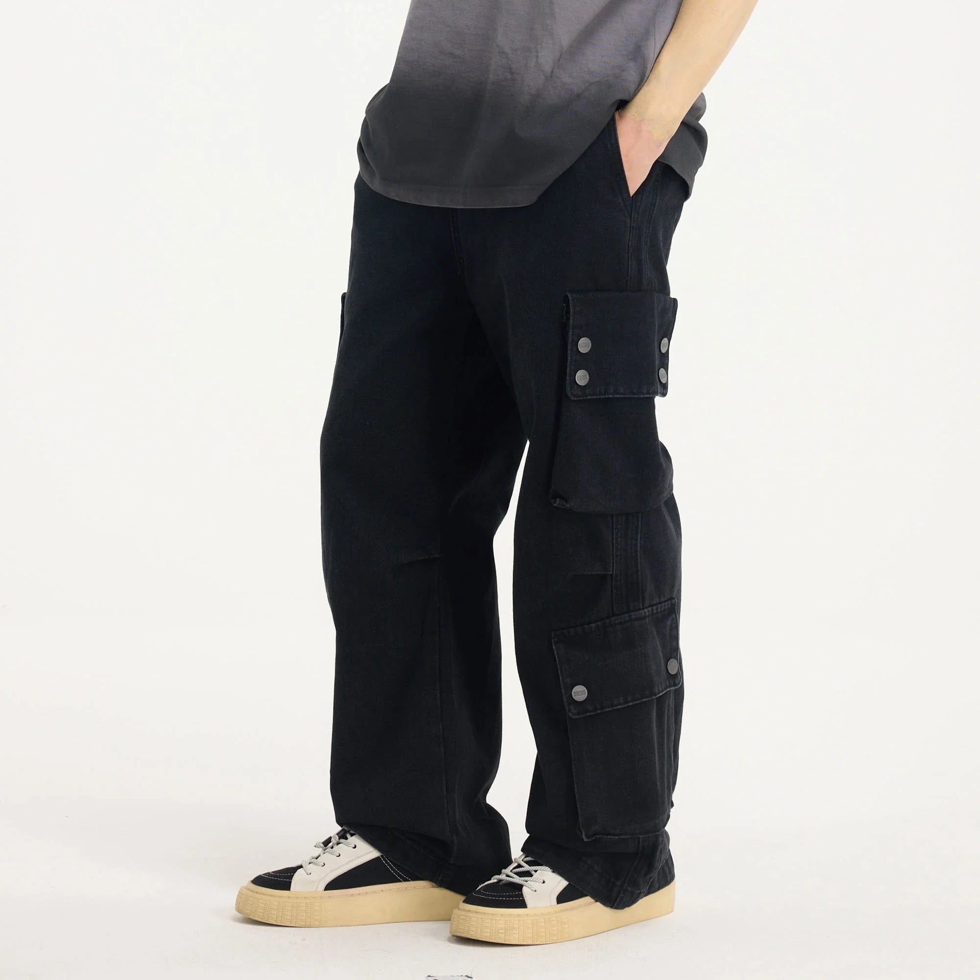 BONELESS Distressed Multi-Pocket Drawstring Cargo Jeans
