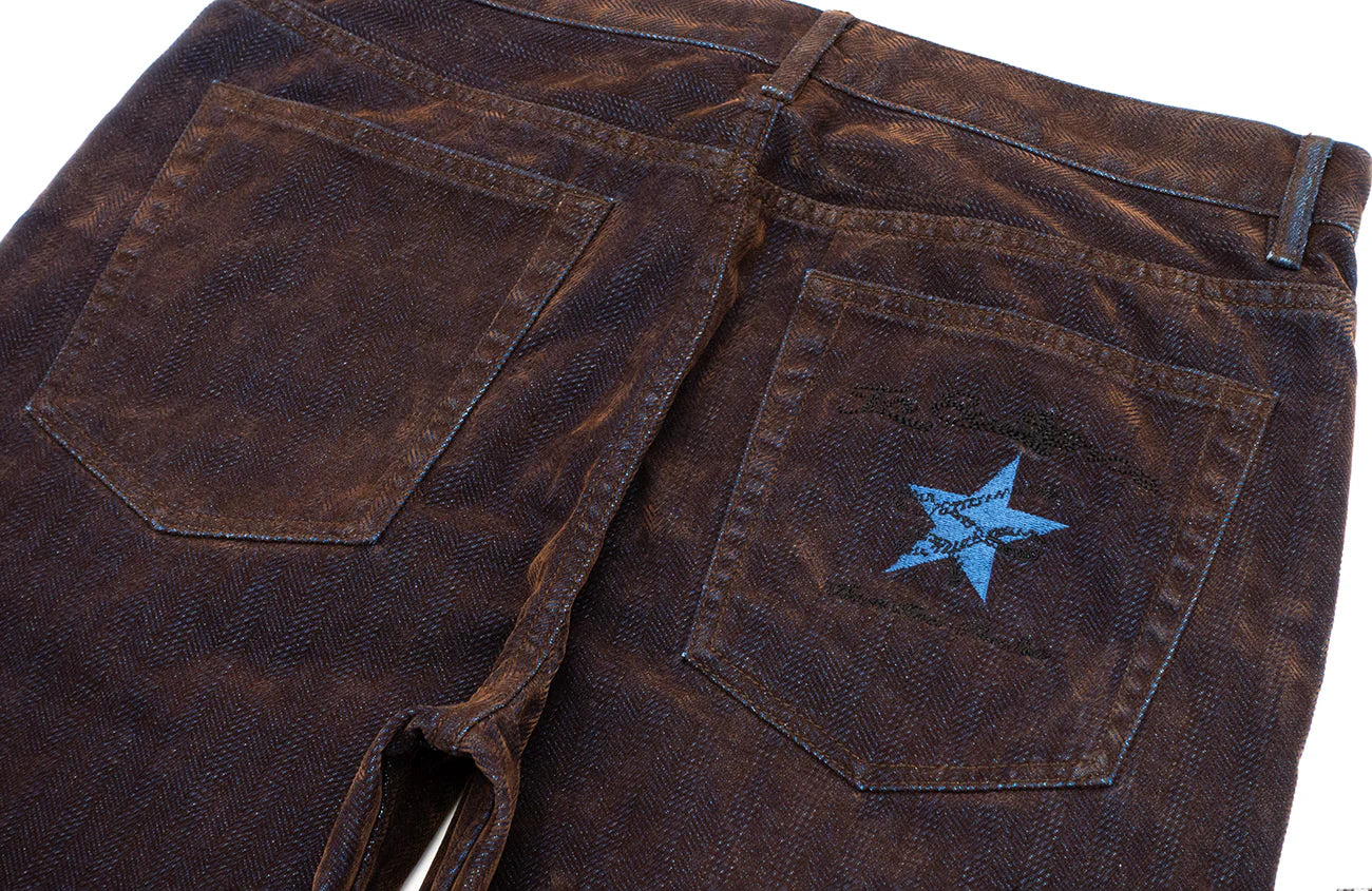 IN EXISTENCE Star Embroidered Herringbone Flocked Flare Jeans