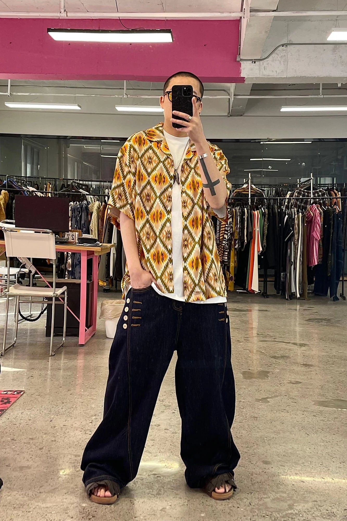 ME DA IGUAL Geometric Full-Print Button-Up Half Shirt