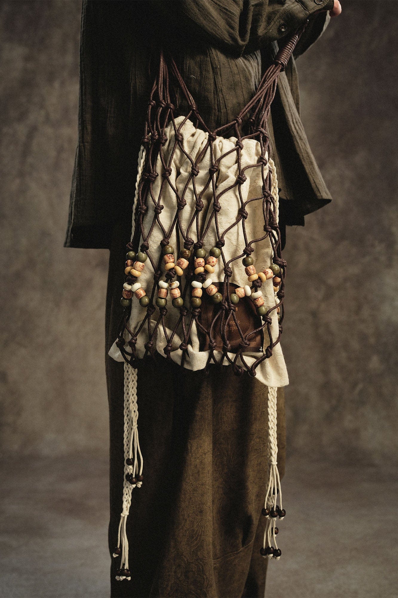 GONGHE REPUB Waxed Cotton Knotted Beaded Mesh Bag