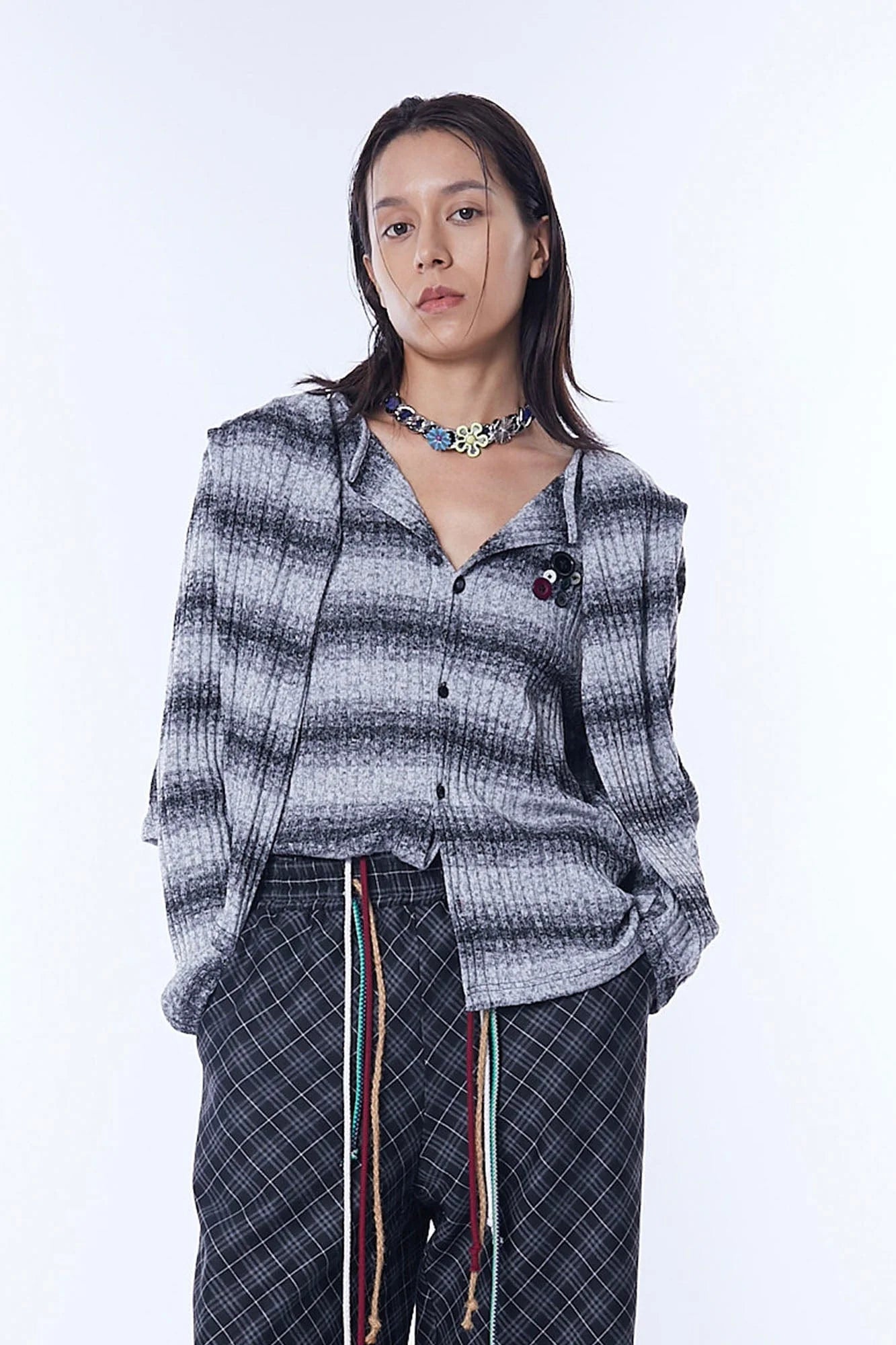 ASSEEN Horizontal Gradient Stripe Button Cardigan Gray