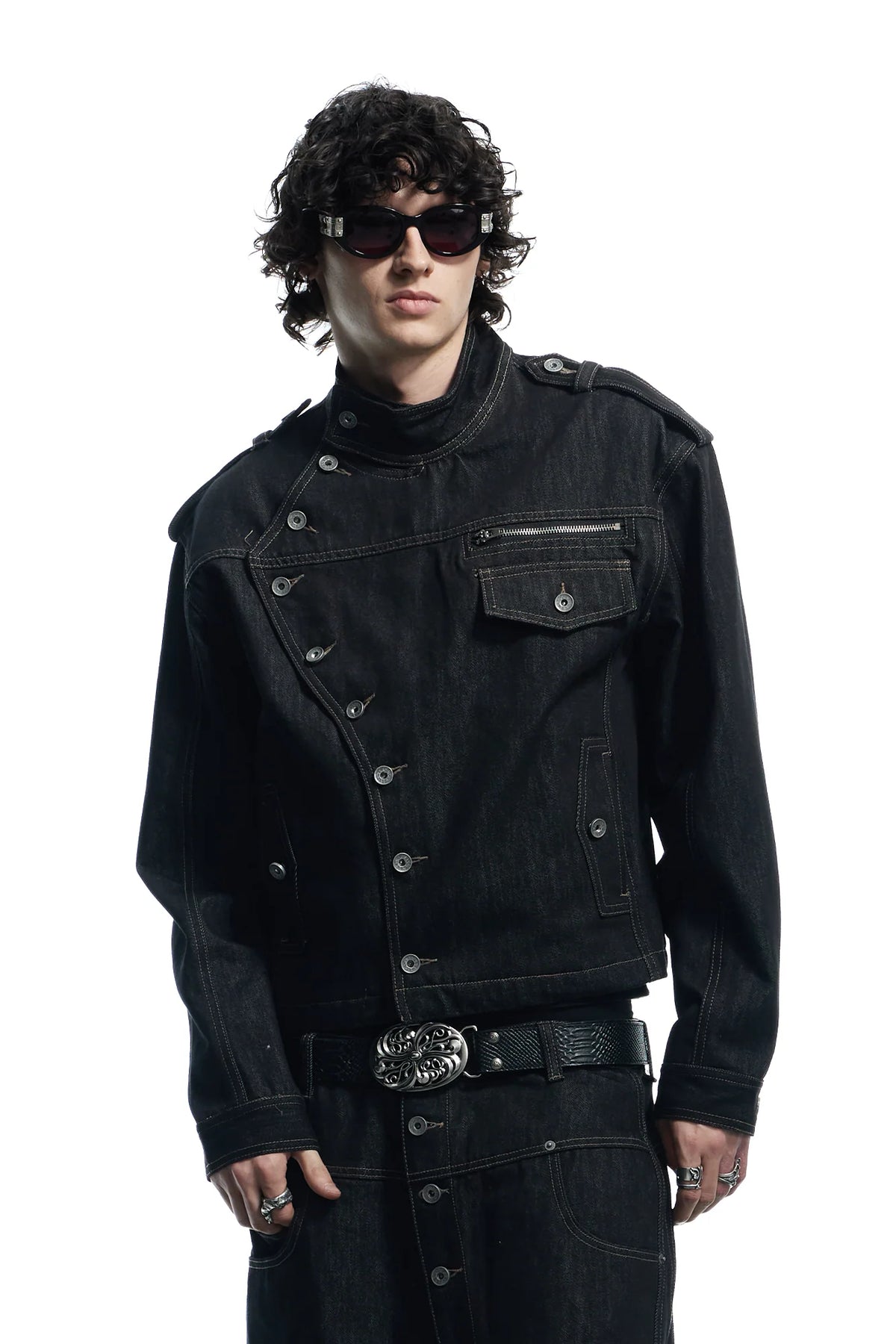 DND4DES Asymmetric Button Stand Collar Raw Denim Jacket