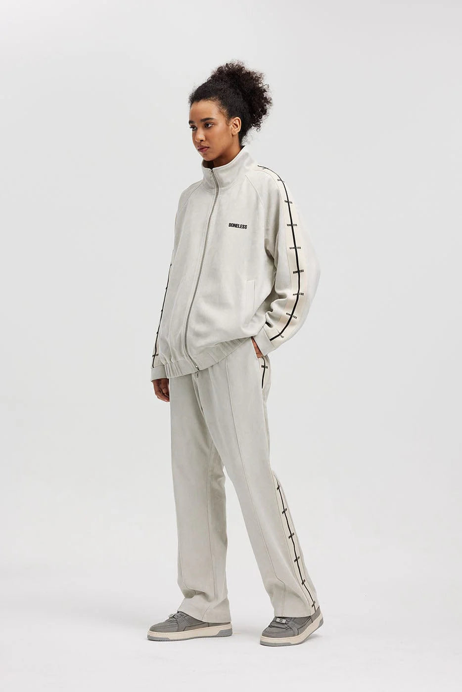 BONELESS Contrasted Striped Faux Suede Jacket