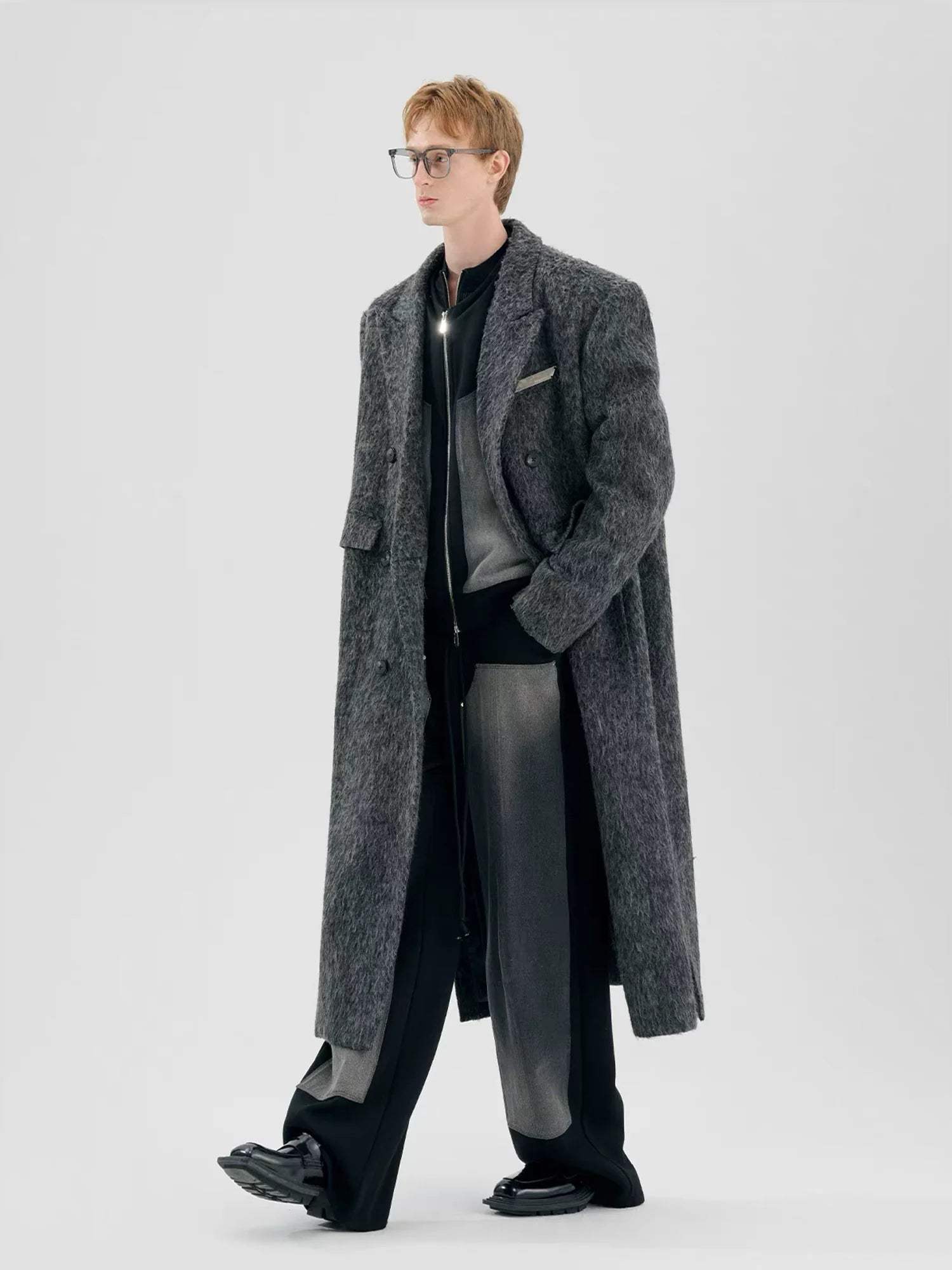 TIWILLTANG Fuzzy Double-Breasted Oversized Long Coat