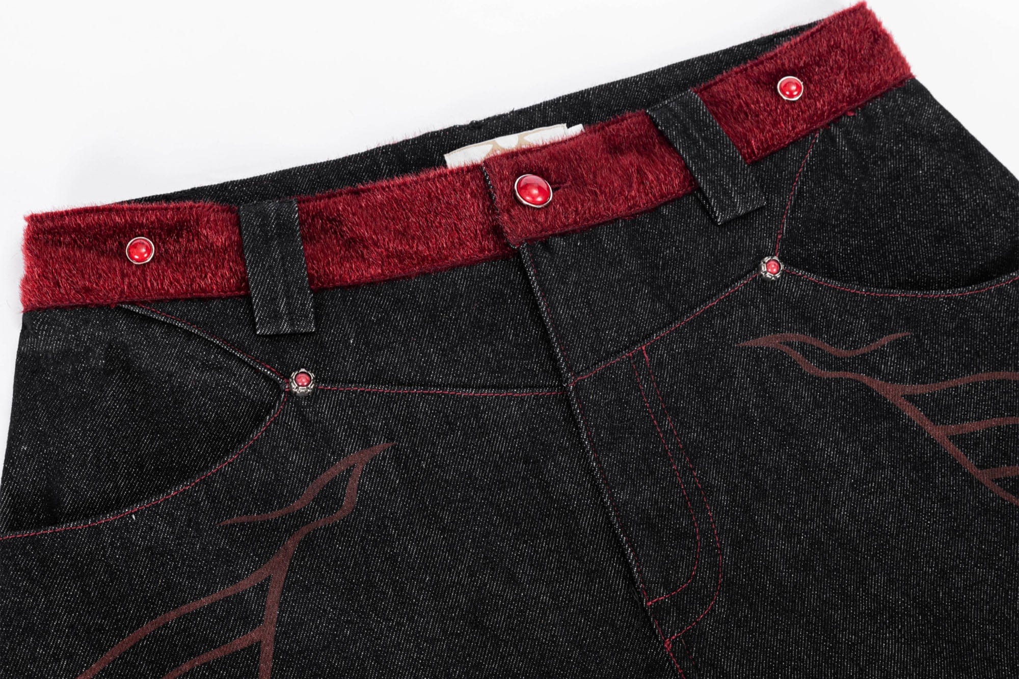ESAIAS Vermilion Stitch Red Turquoise Curved Denim Pants
