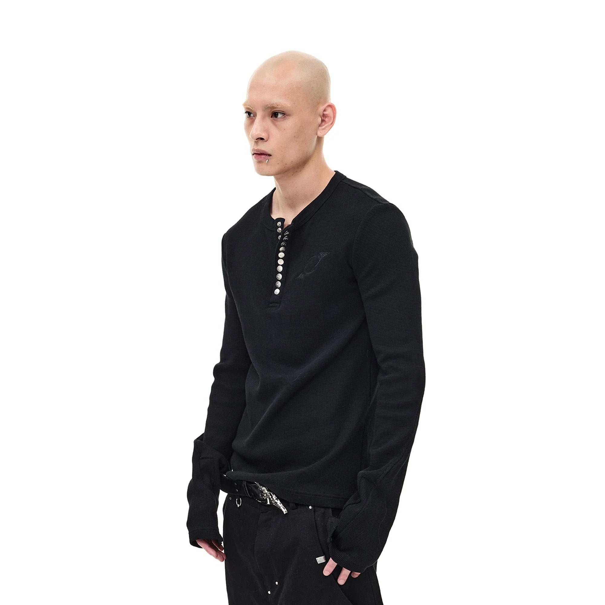 WHISTLEHUNTER Waffle-Knit Snap Henley Long-Sleeve Tee