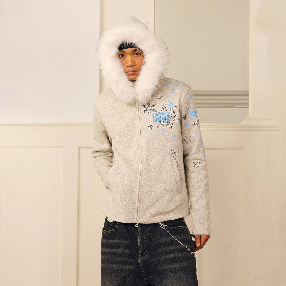 DONSMOKE Snowflake Embroidered Fleece-Lined Zip-Up Hoodie