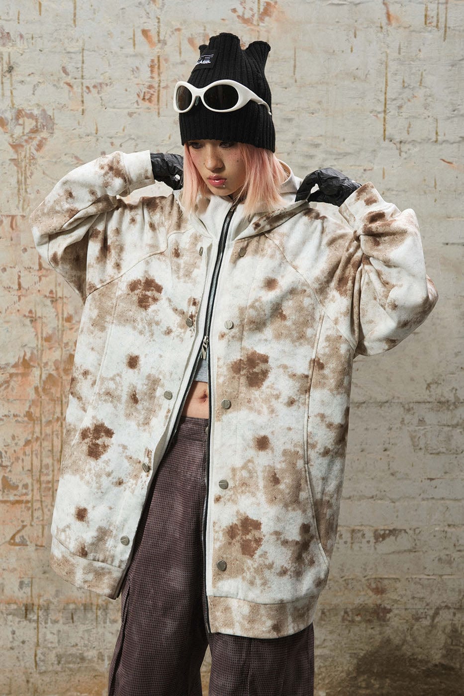RELABEL Washed Cement-Dyed Double-Hat Zip-Up Hoodie