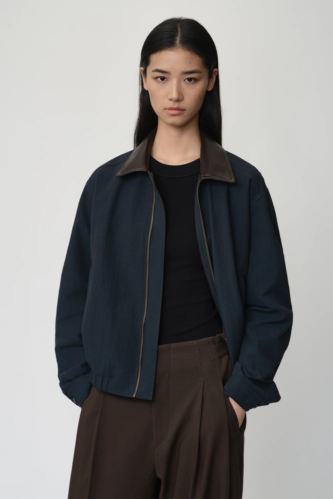 OPICLOTH Retro Contrast Leather Collar Jacket