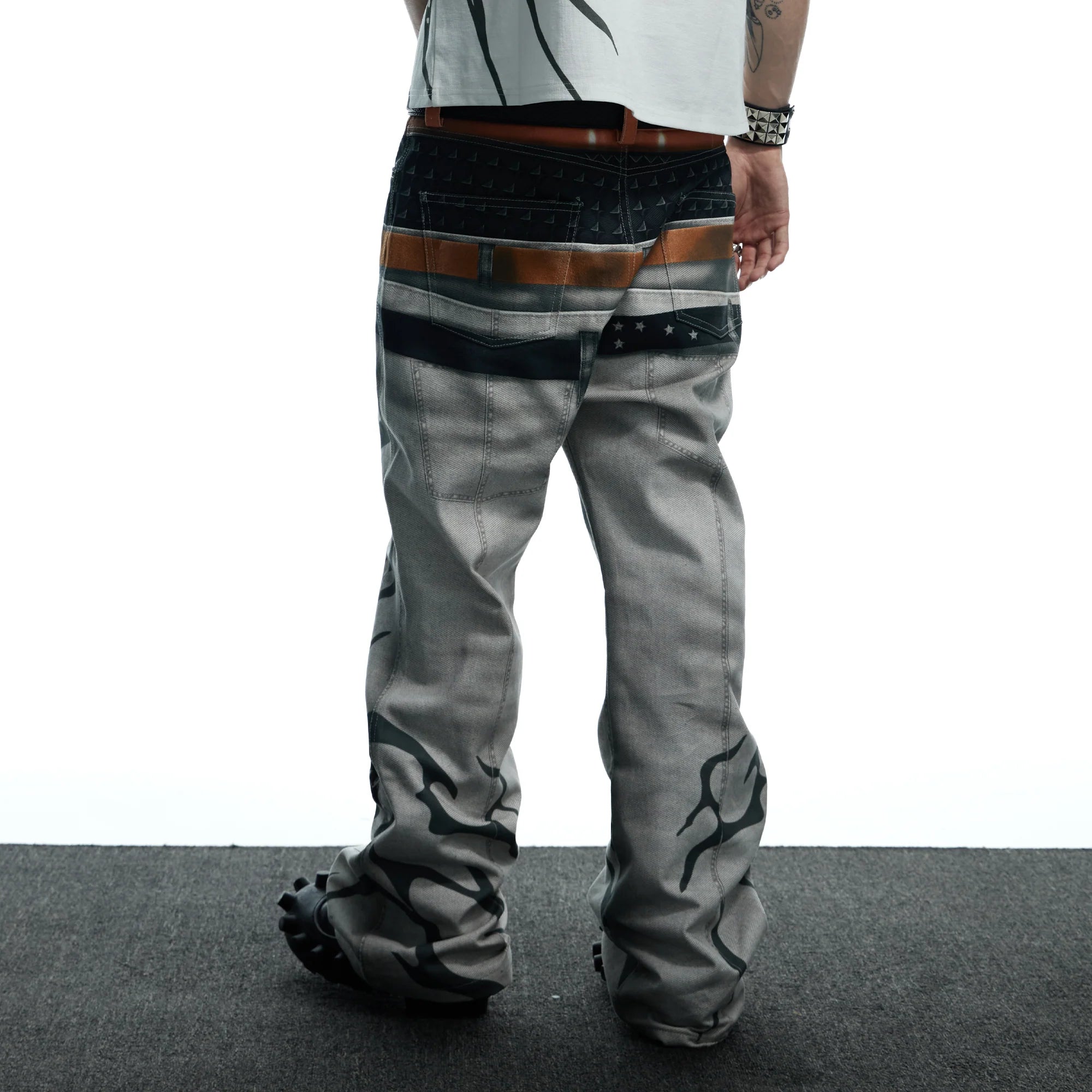 DND4DES Distressed Print Double-Waist Flare Jeans White