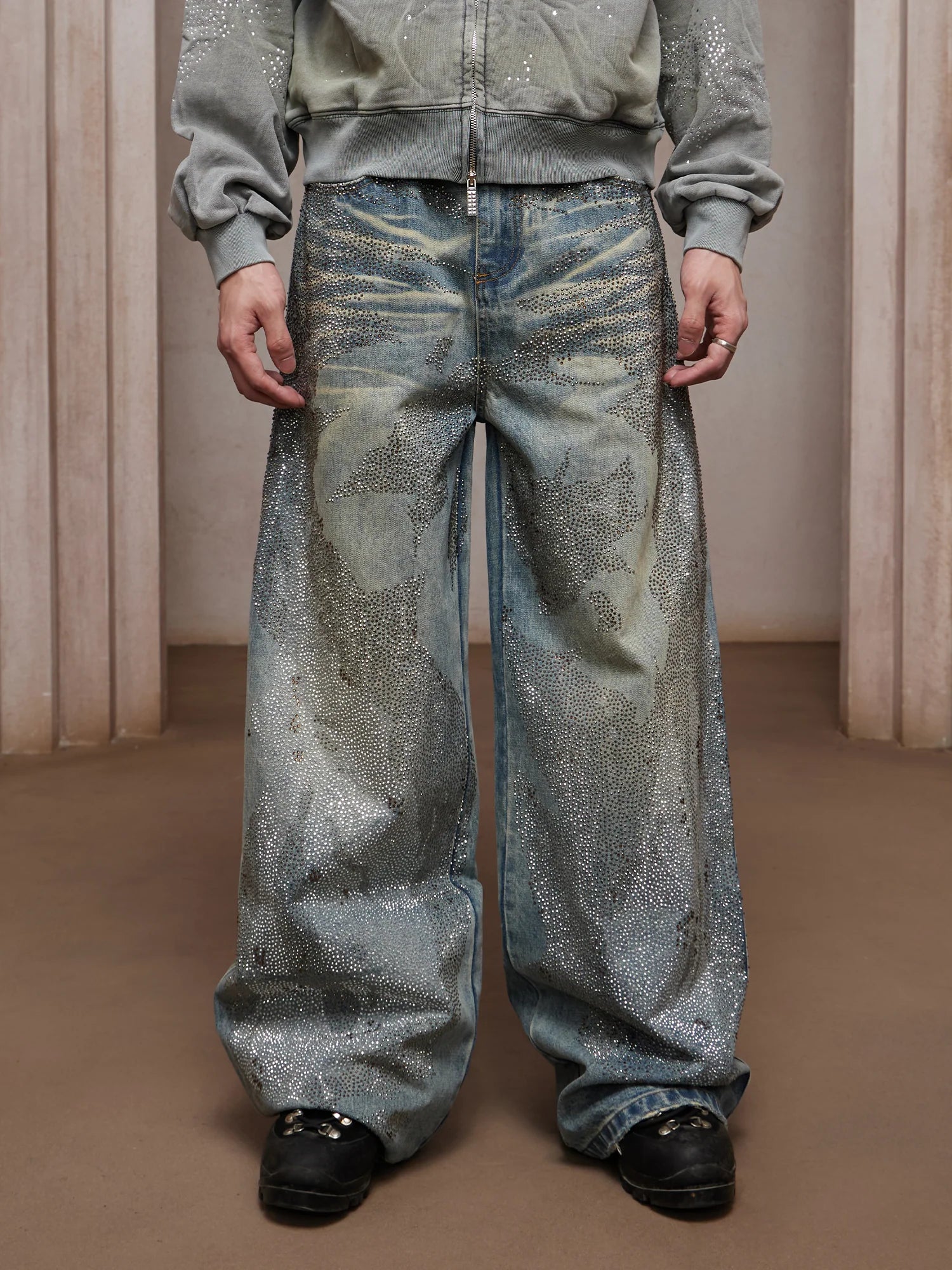 DND4DES Dirty-Washed Diamond Wide-Leg Jeans Blue