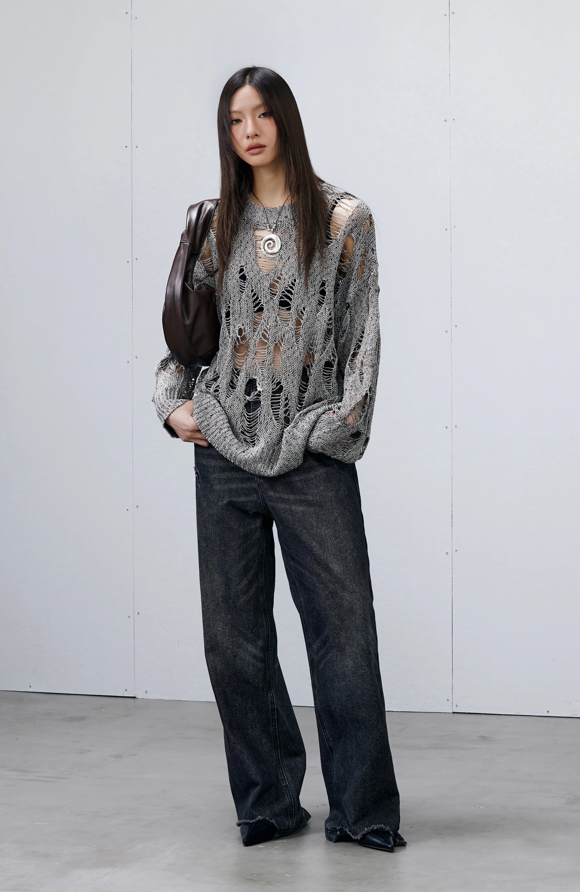 ROARINGWILD A ARCH Distressed Hollowed-Knit Sweater