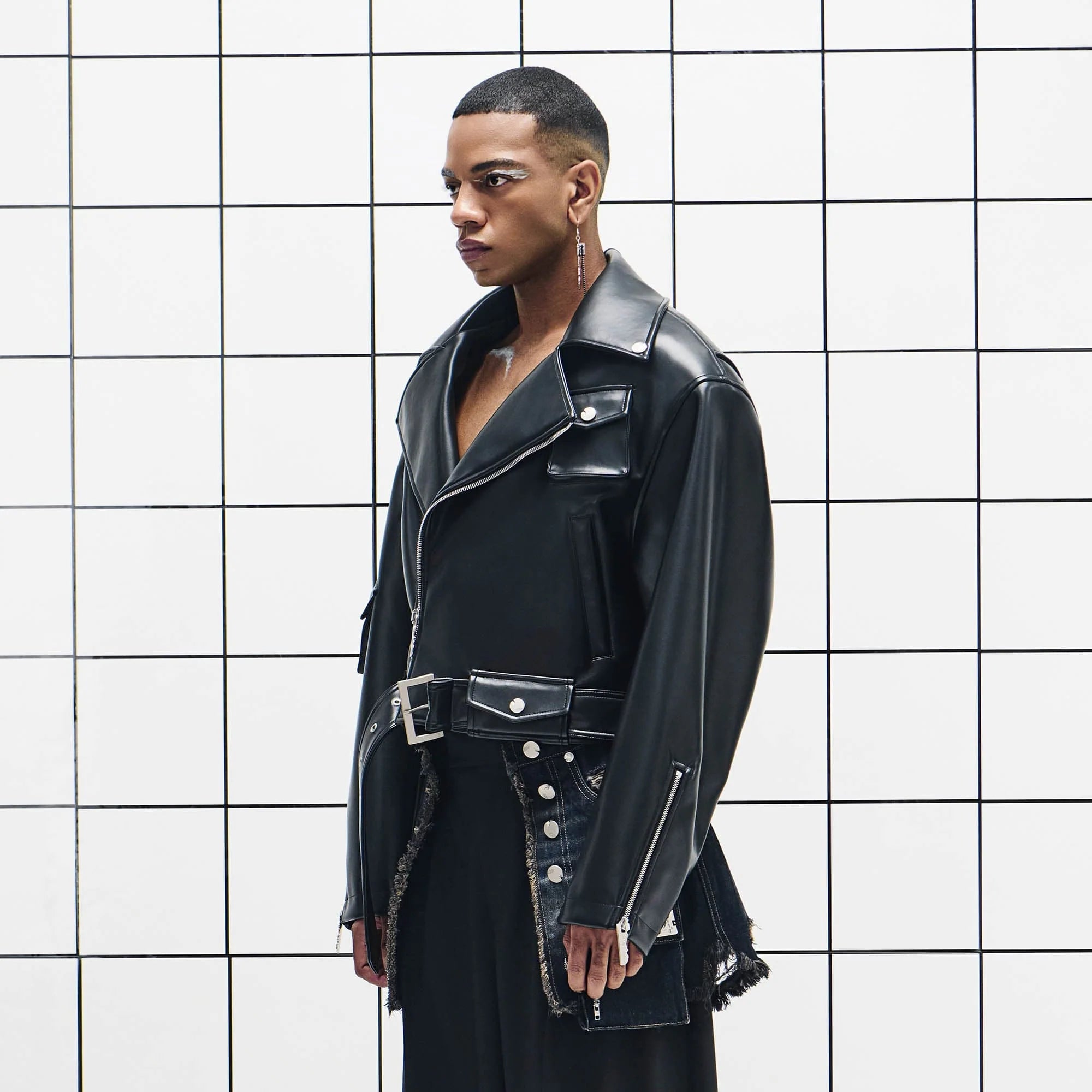 455EMBLE Asymmetrical Back-Zip Cropped PU Biker Jacket