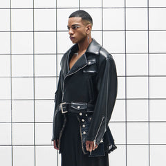 455EMBLE Asymmetrical Back-Zip Cropped PU Biker Jacket