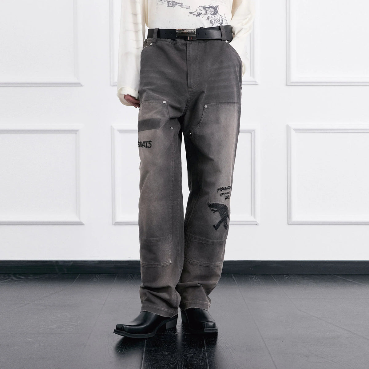 FACEONLAB Distressed Washed Double-Knee Pants