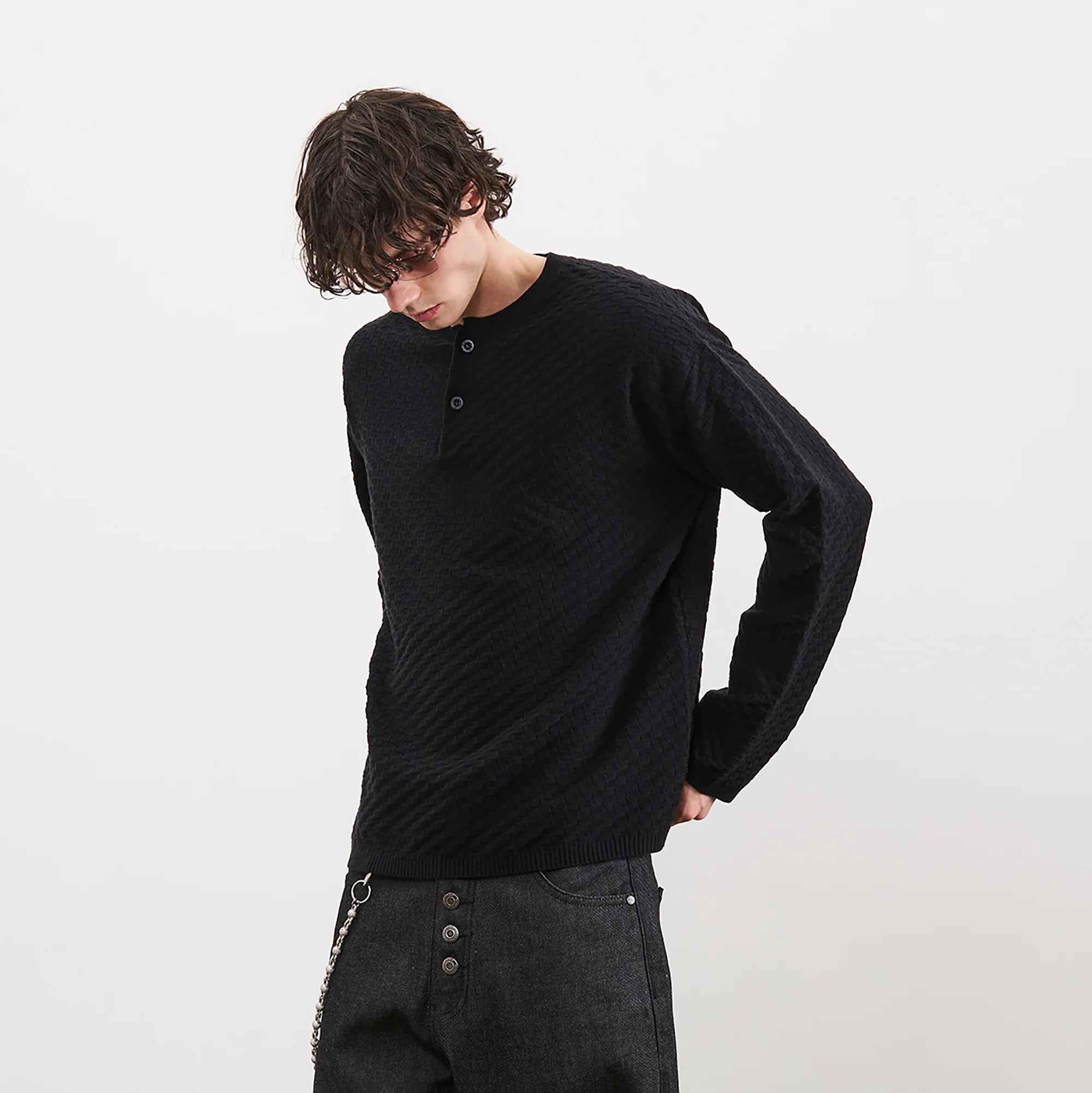PMW Drop-Shoulder Waffle Henley Sweater