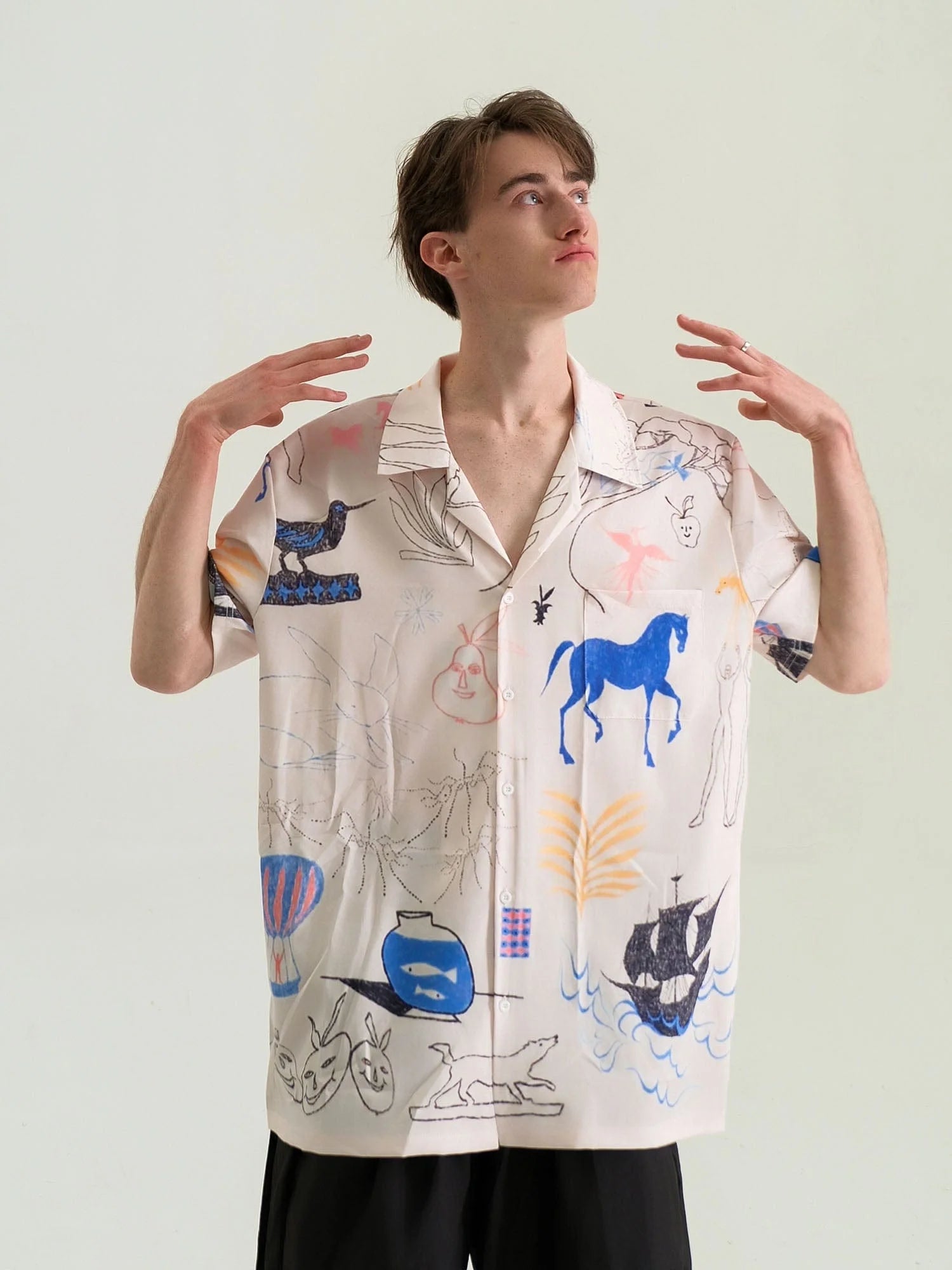 WIID Doodle Sketch Full-Print Cuban Half Shirt
