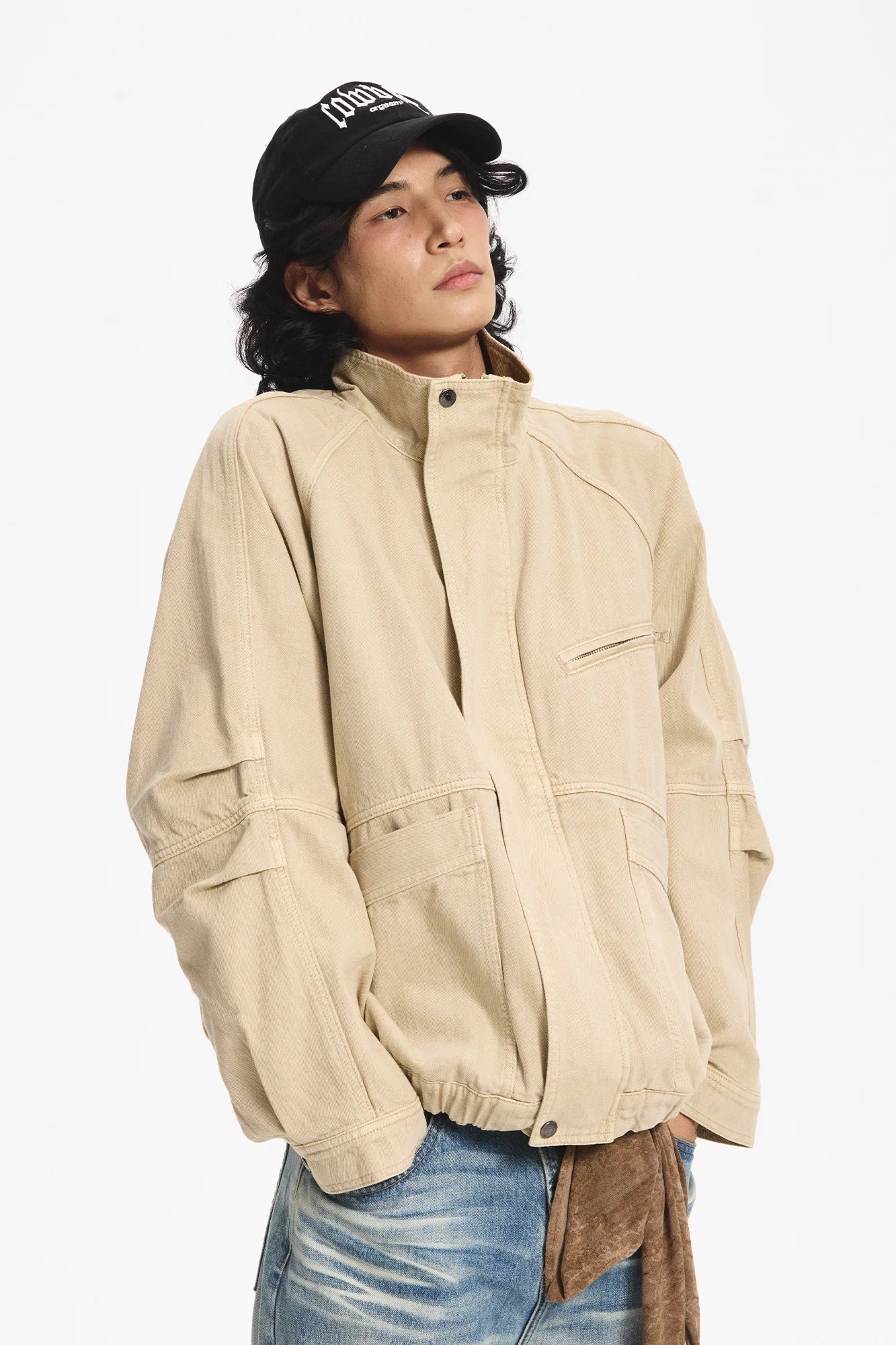 LEONSENSE Utility Raglan Stand-Collar Denim Jacket