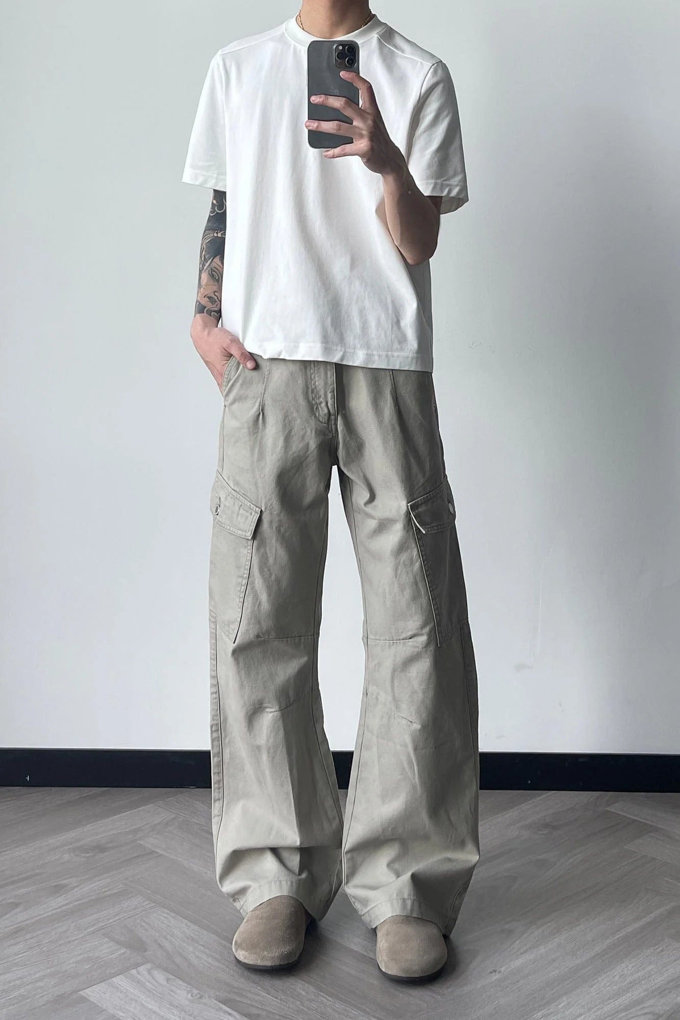 OKAYTHXBYE Washed Button Flap-Pocket Cargo Pants
