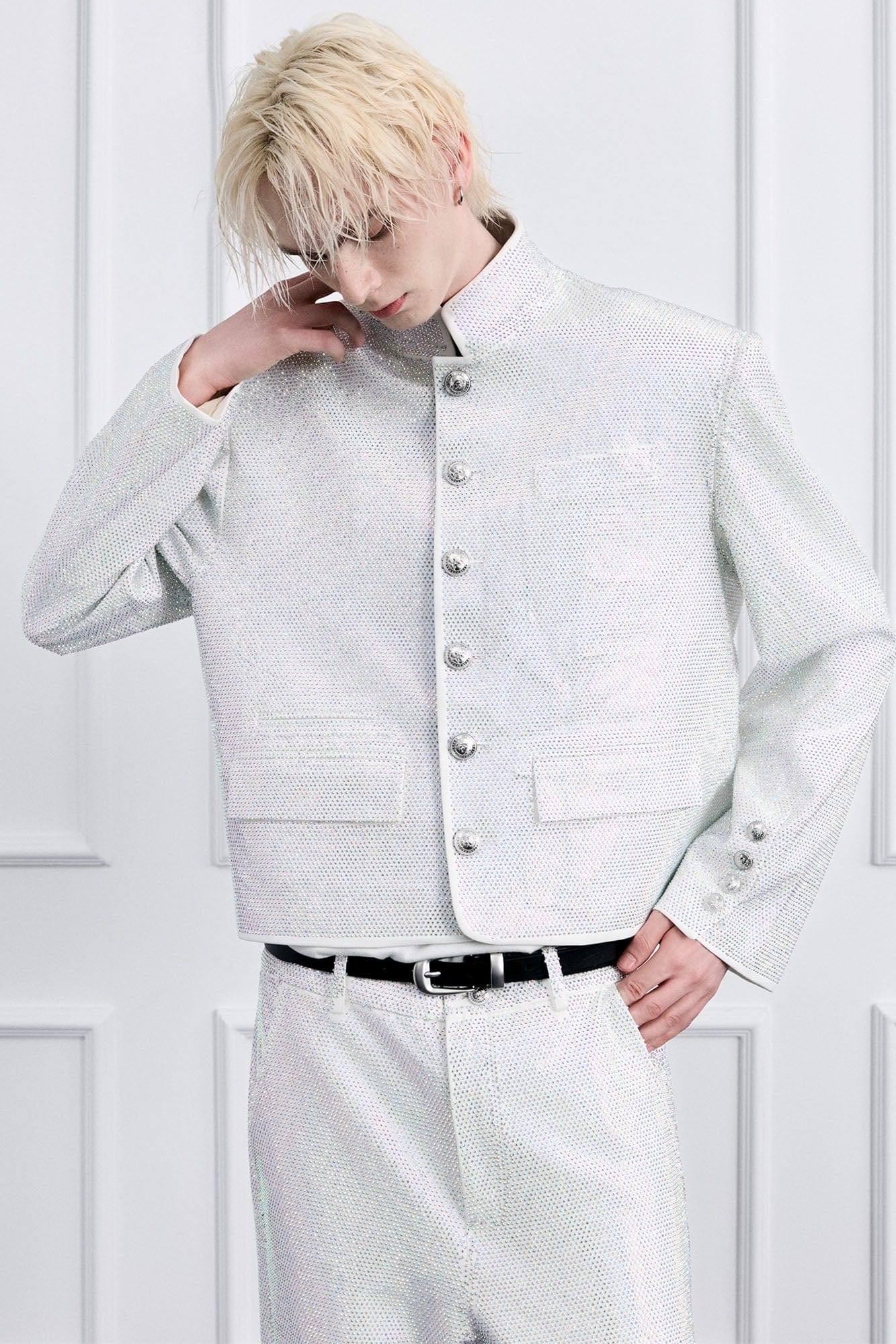 FACEONLAB Iridescent Diamond Mandarin Collar Jacket