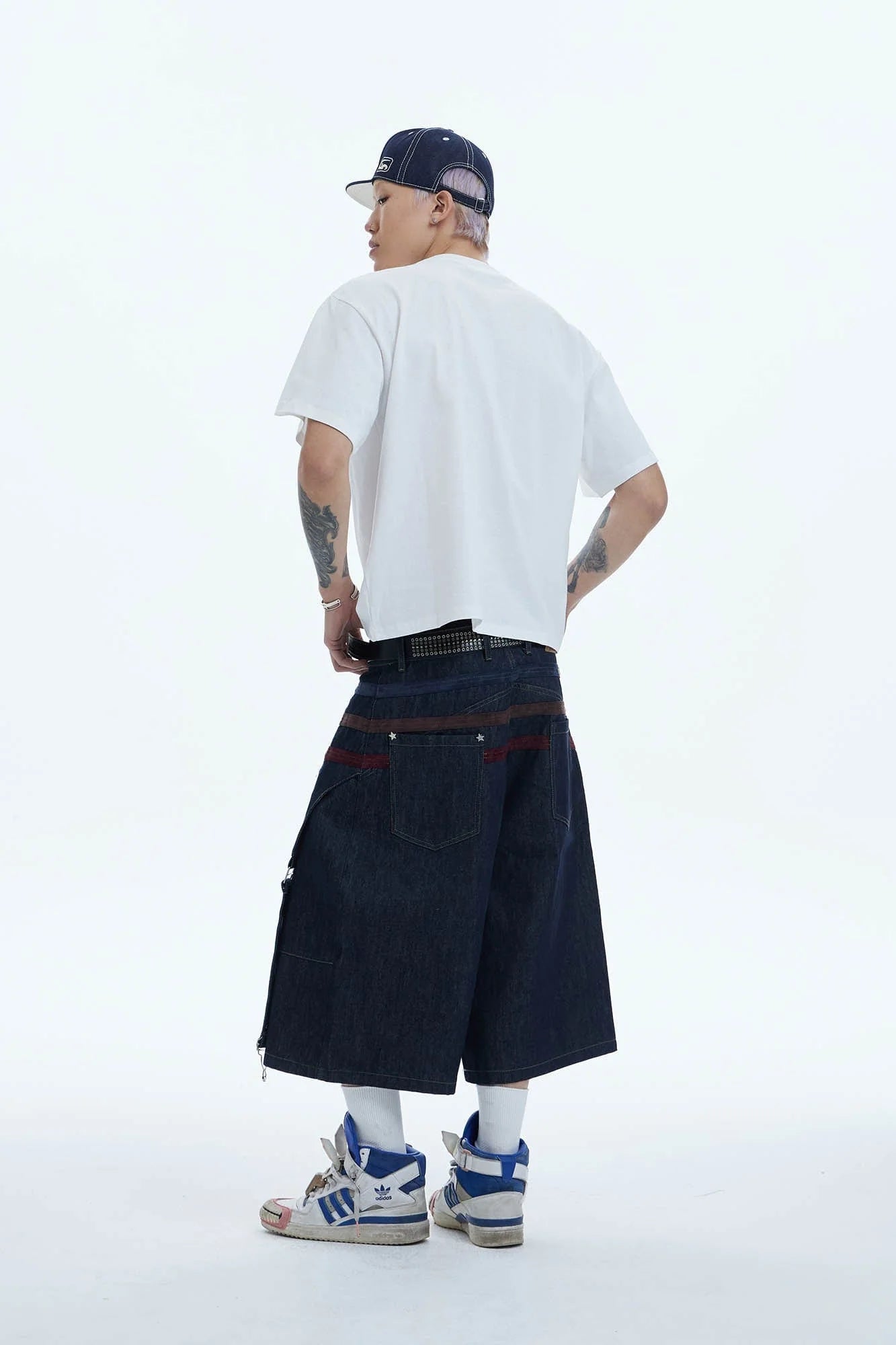 DND4DES Star-Rivet Harness-Layered Denim Shorts