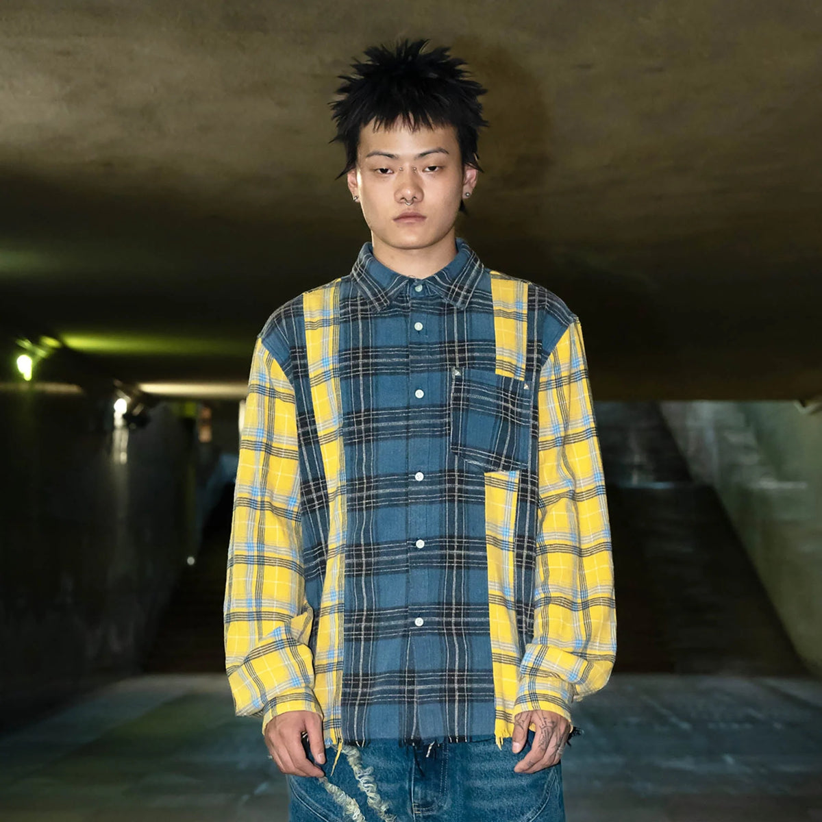 PHANTOMHUNTER Plaid Spliced Frayed Shirt