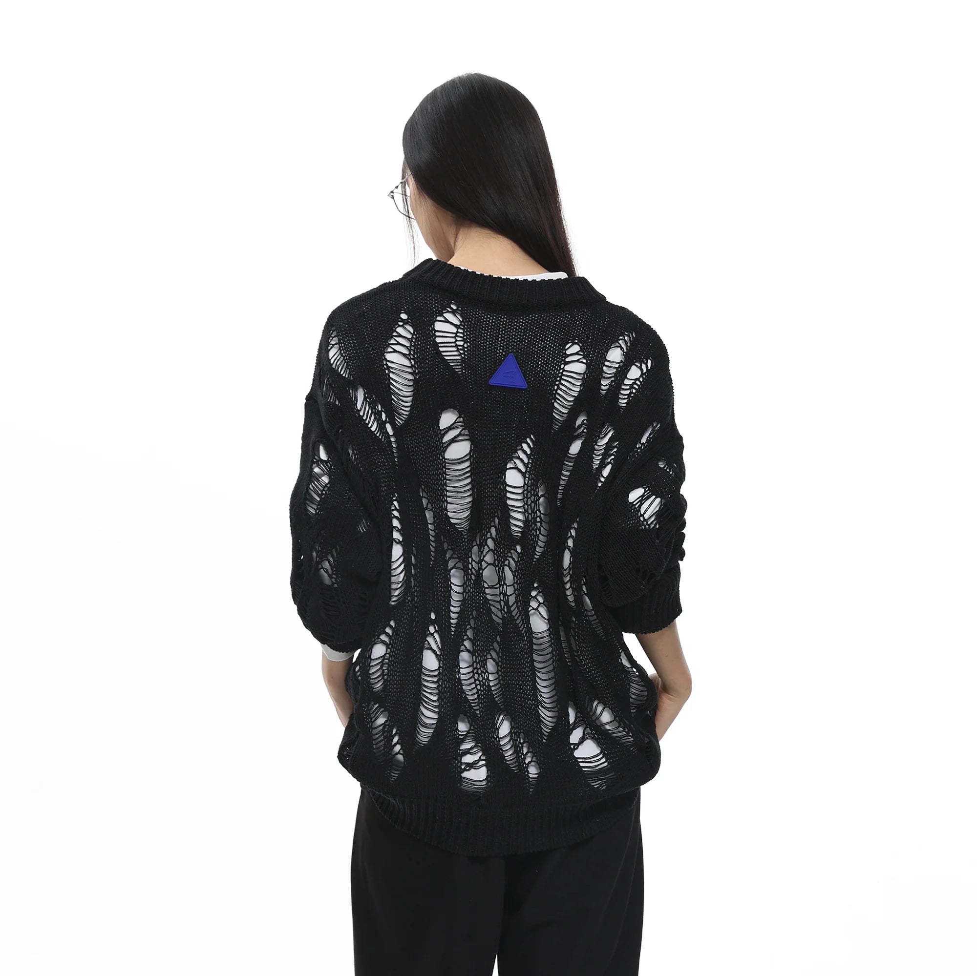 ROARINGWILD A ARCH Distressed Hollowed-Knit Sweater