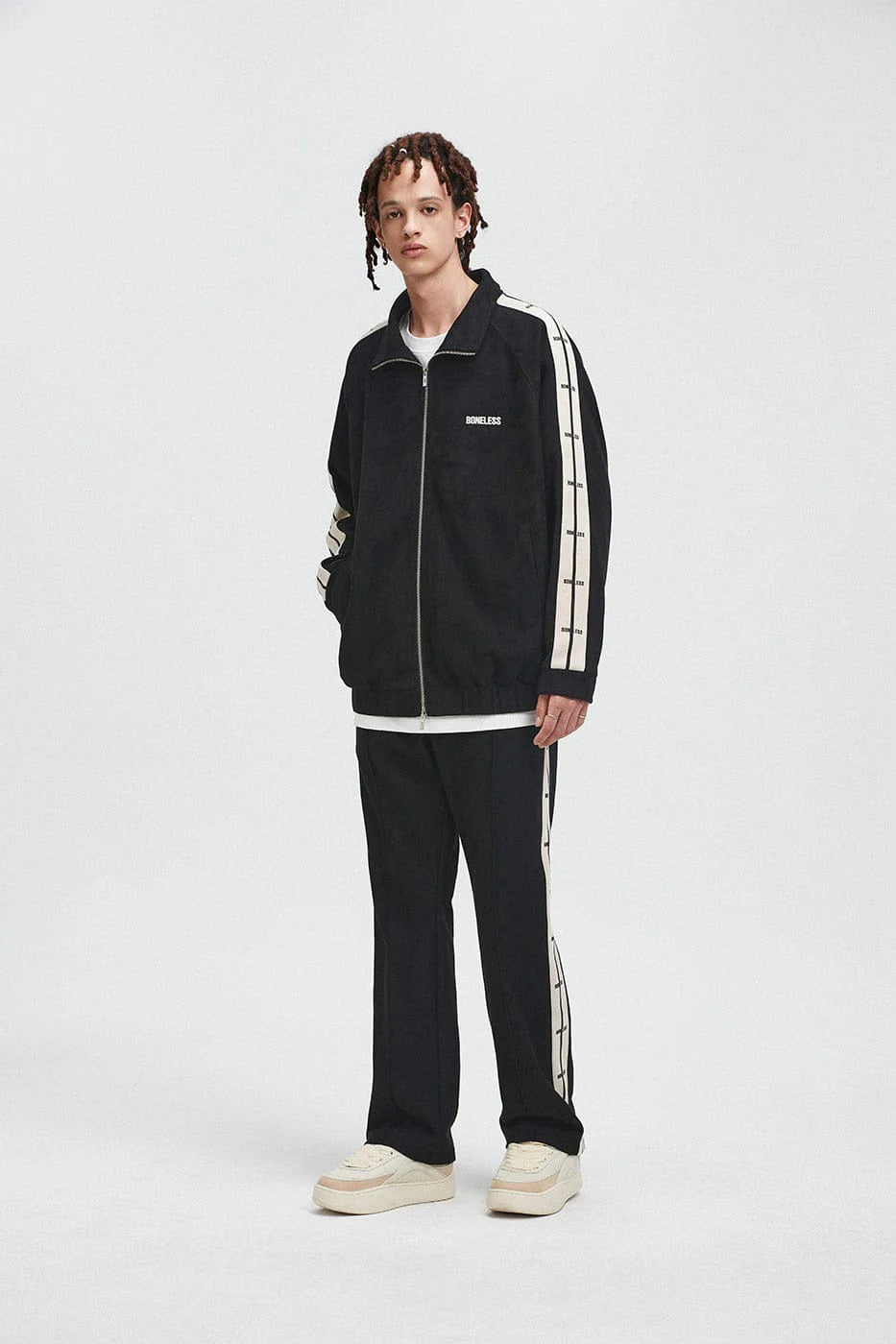 BONELESS Contrasted Striped Faux Suede Jacket