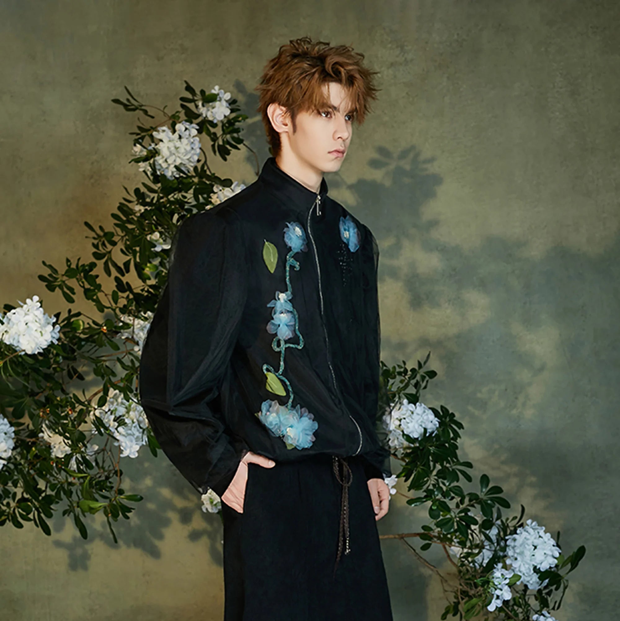 JIECHI Floral Embellished Velvet Sheer Layer Jacket